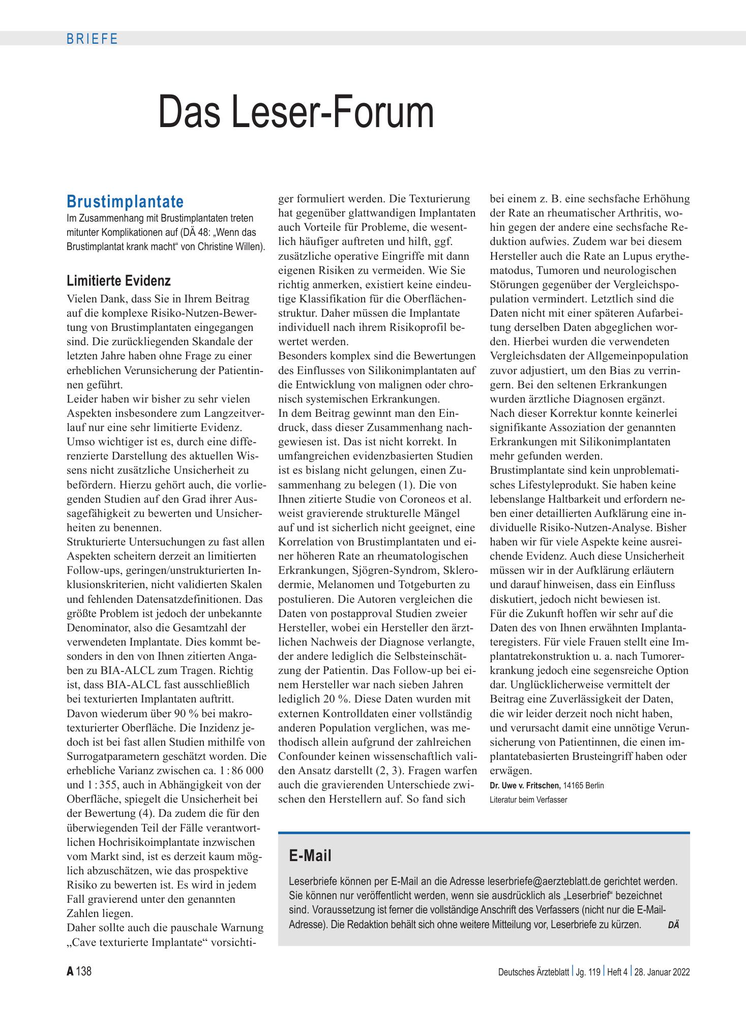 Vorschauseite 1: Brustimplantate: Limitierte Evidenz – Deutsches Ärzteblatt