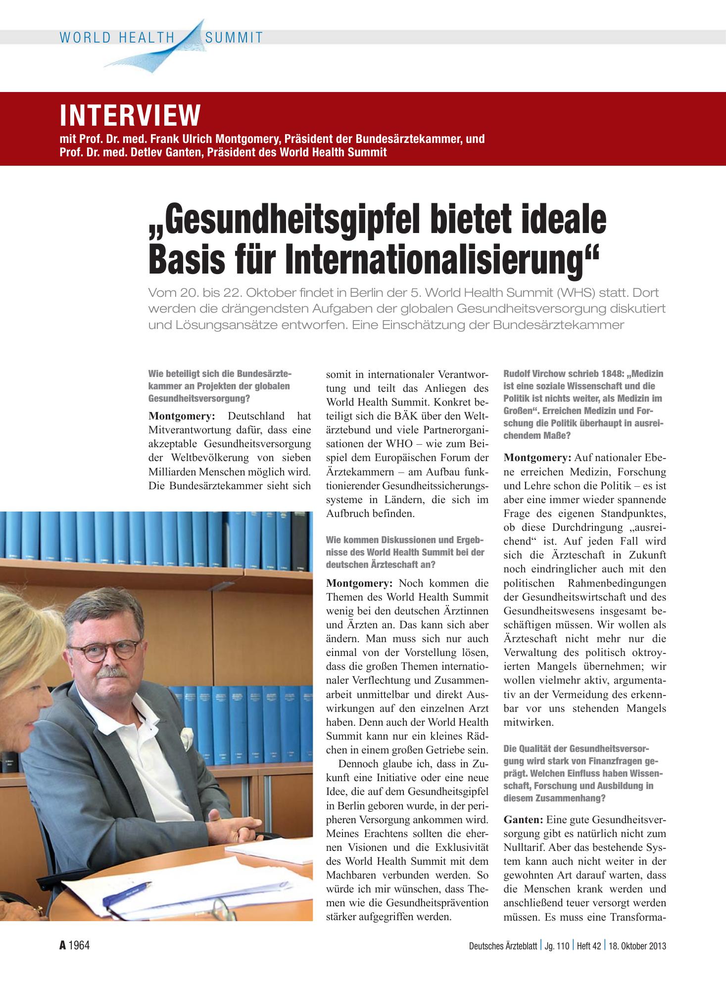 Vorschauseite 1: Interview mit Prof. Dr. med. Frank Ulrich Montgomery, Präsident der Bundesärztekammer, und Prof. Dr. med. Detlev Ganten, Präsident des World Health Summit: „Gesundheitsgipfel biet…