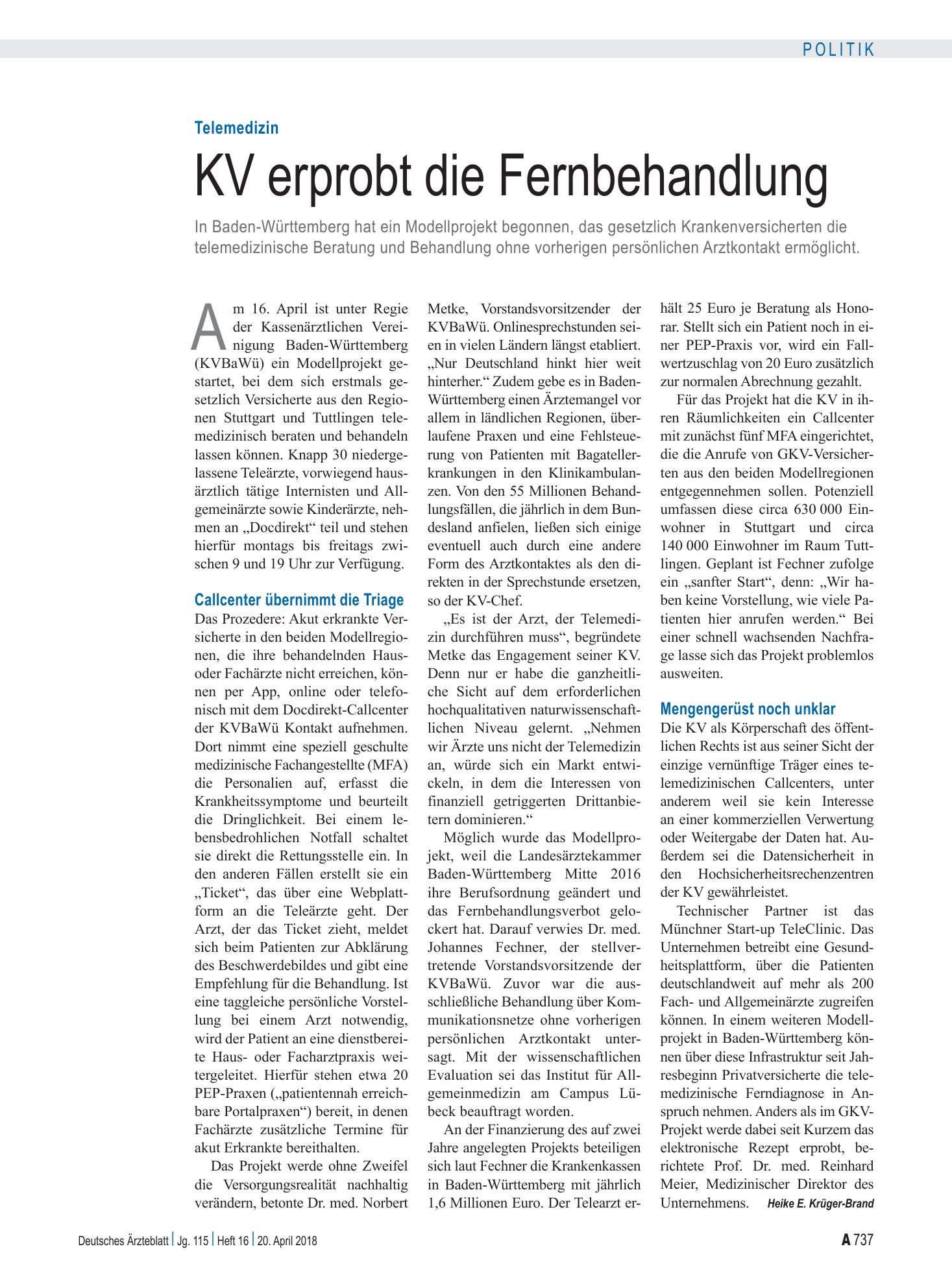 Vorschauseite 1: Telemedizin: KV erprobt die Fernbehandlung – Deutsches Ärzteblatt