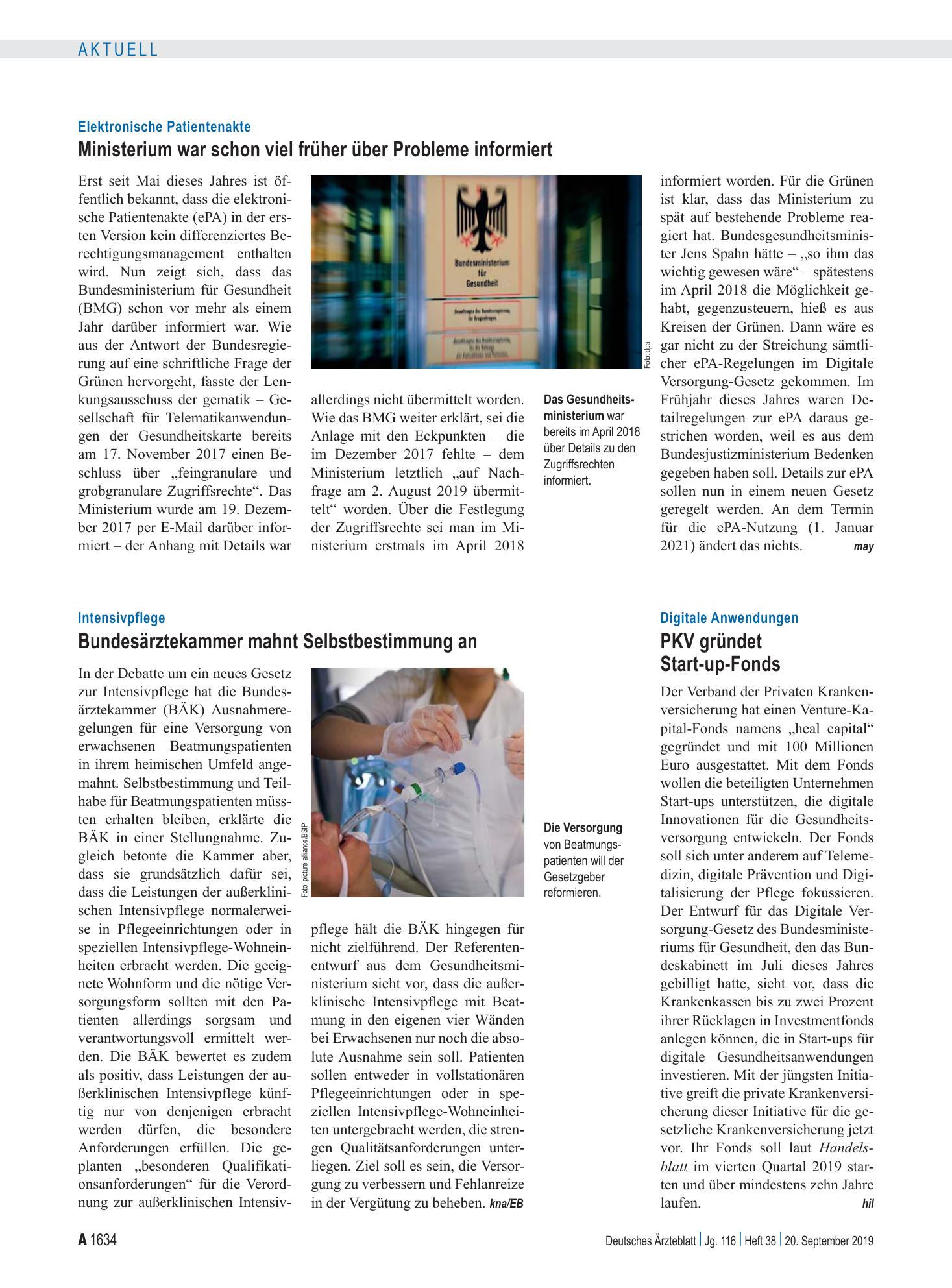 Vorschauseite 1: Intensivpflege: Bundesärztekammer mahnt Selbstbestimmung an – Deutsches Ärzteblatt