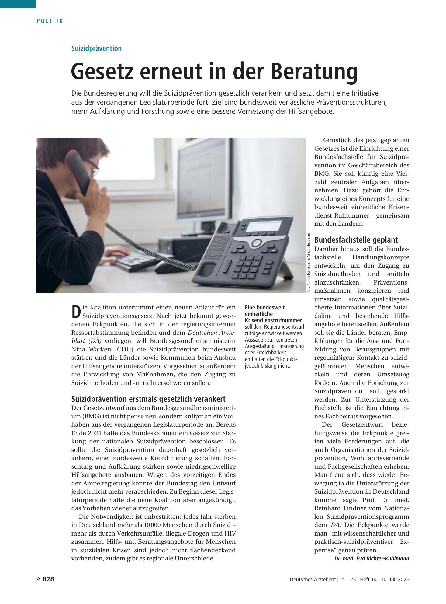 Vorschauseite 1: Suizidprävention: Gesetz erneut in der Beratung – Deutsches Ärzteblatt