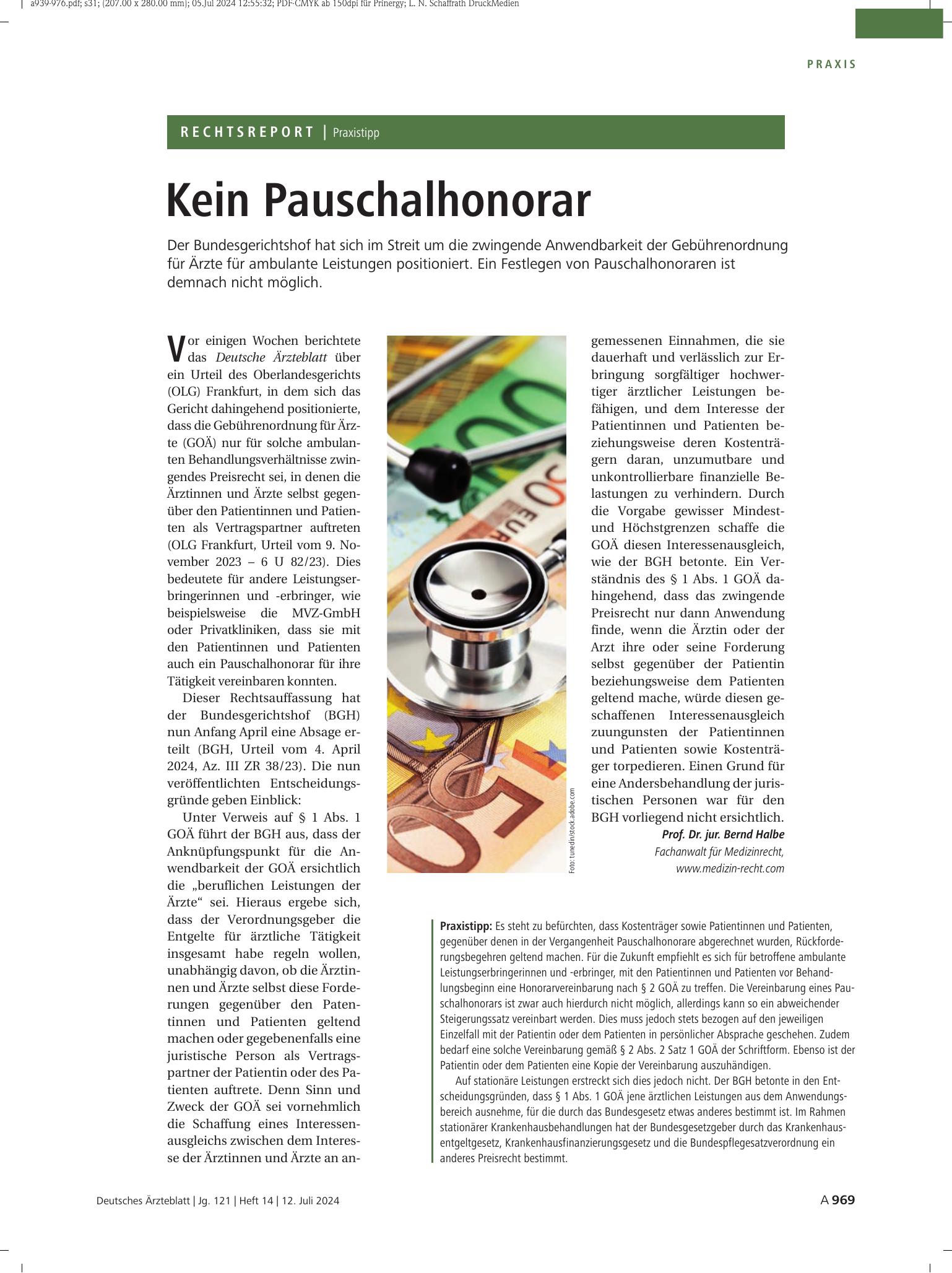 Vorschauseite 1: Praxistipp: Kein Pauschalhonorar – Deutsches Ärzteblatt