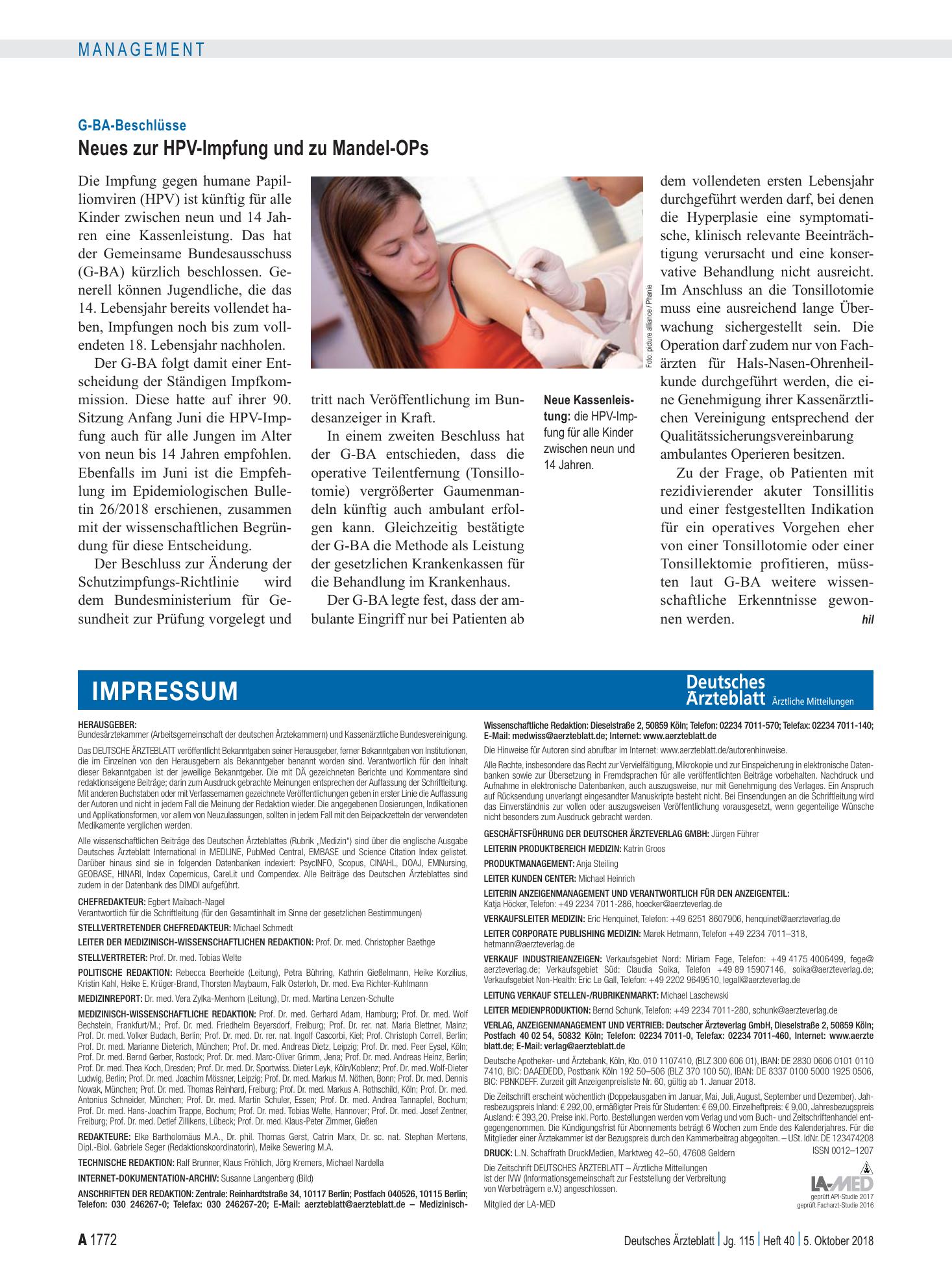 Vorschauseite 1: G-BA-Beschlüsse: Neues zur HPV-Impfung und zu Mandel-OPs – Deutsches Ärzteblatt