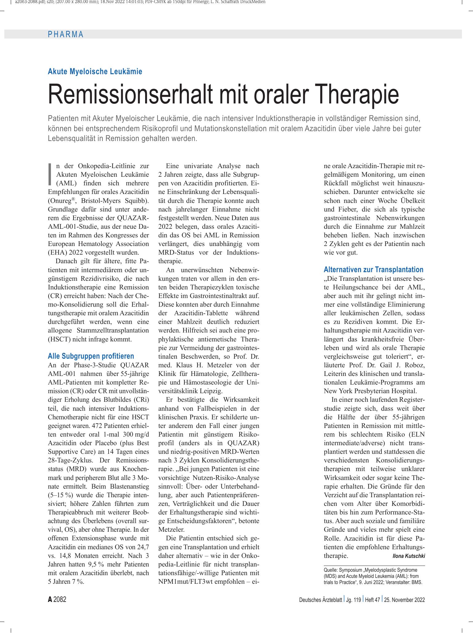Vorschauseite 1: Akute Myeloische Leukämie: Remissionserhalt mit oraler Therapie – Deutsches Ärzteblatt