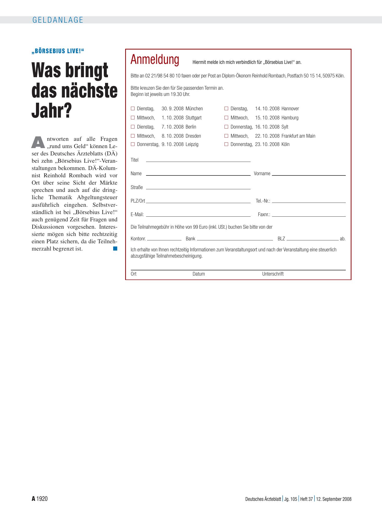 Vorschauseite 1: „Börsebius Live!“: Was bringt das nächste Jahr? – Deutsches Ärzteblatt