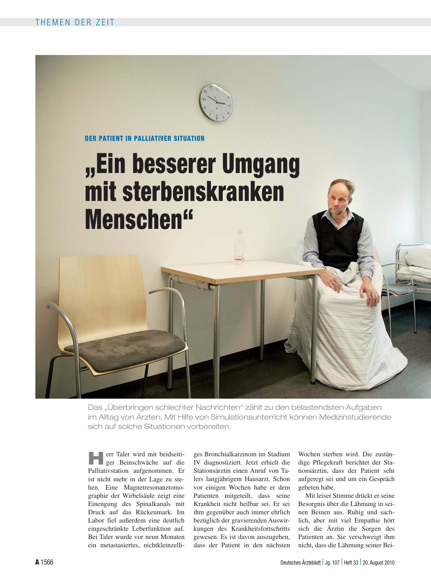 Vorschauseite 1: Der Patient in palliativer Situation: „Ein besserer Umgang mit sterbenskranken Menschen“ – Deutsches Ärzteblatt
