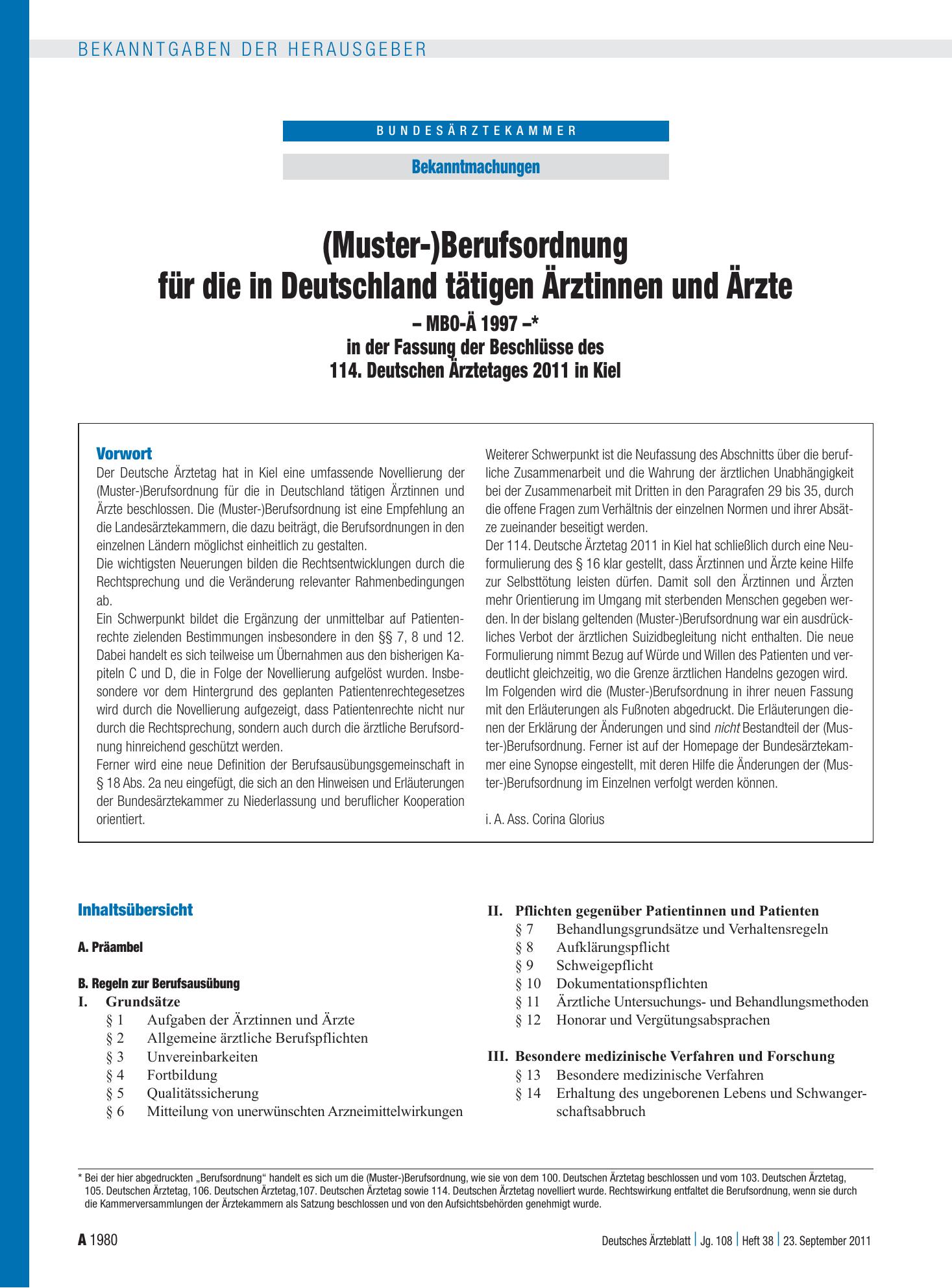 Vorschauseite 1: (Muster-)Berufsordnung für die in Deutschland tätigen Ärztinnen und Ärzte – MBO-Ä 1997 –* in der Fassung der Beschlüsse des 114. Deutschen Ärztetages 2011 in Kiel – Deutsches Ärzt…