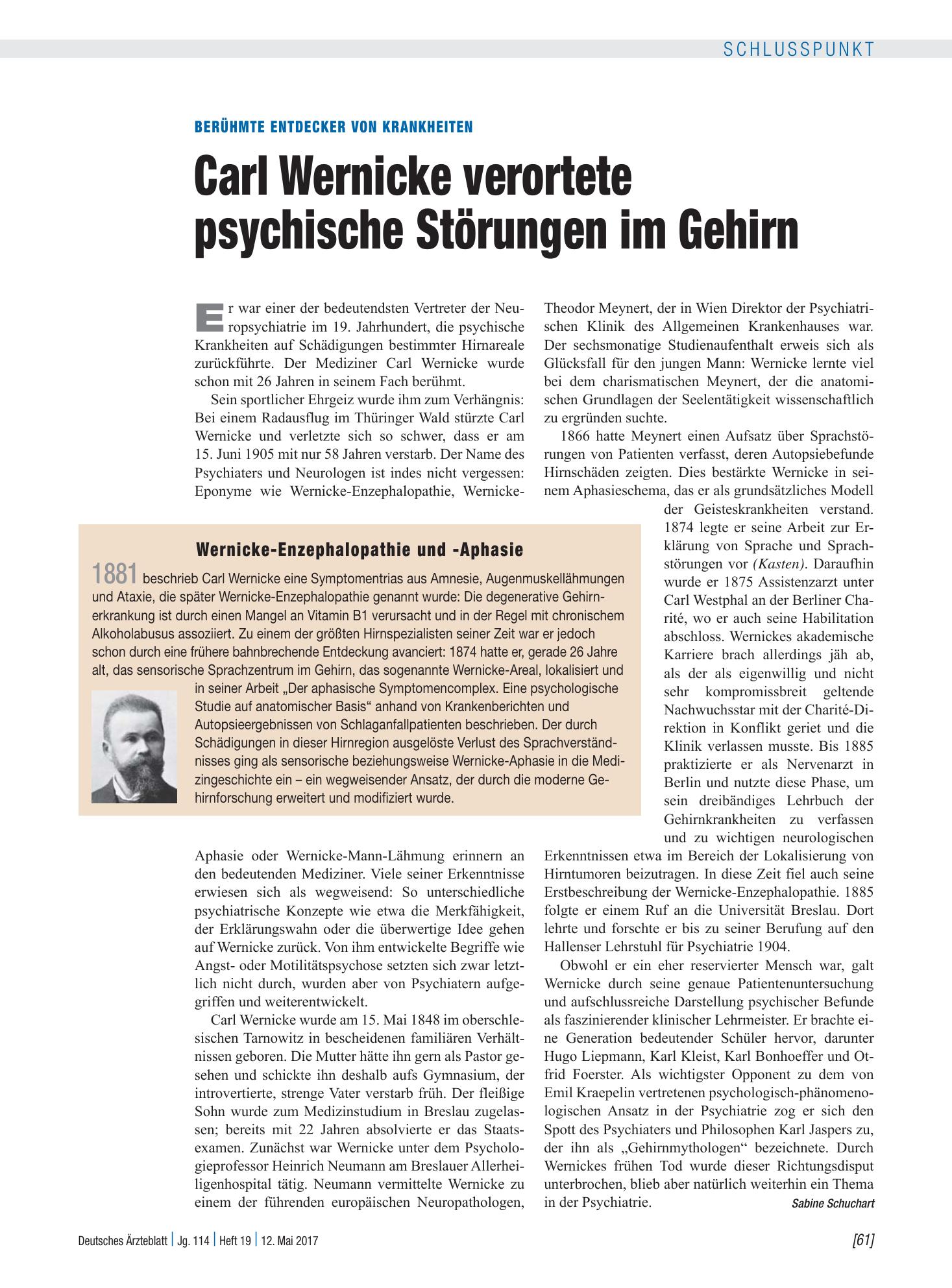 Vorschauseite 1: Berühmte Entdecker von Krankheiten: Carl Wernicke verortete psychische Störungen im Gehirn – Deutsches Ärzteblatt