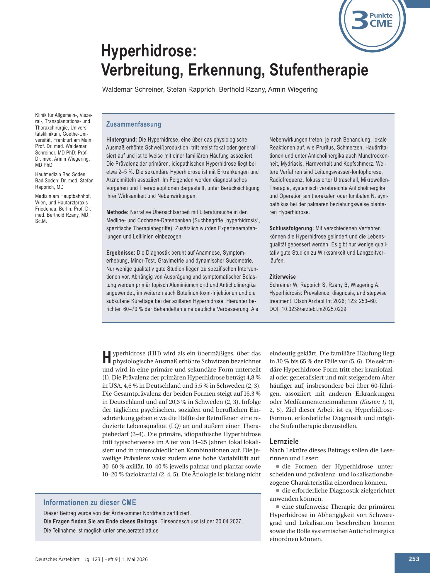Vorschauseite 1: Hyperhidrose: Verbreitung, Erkennung, Stufentherapie – Deutsches Ärzteblatt