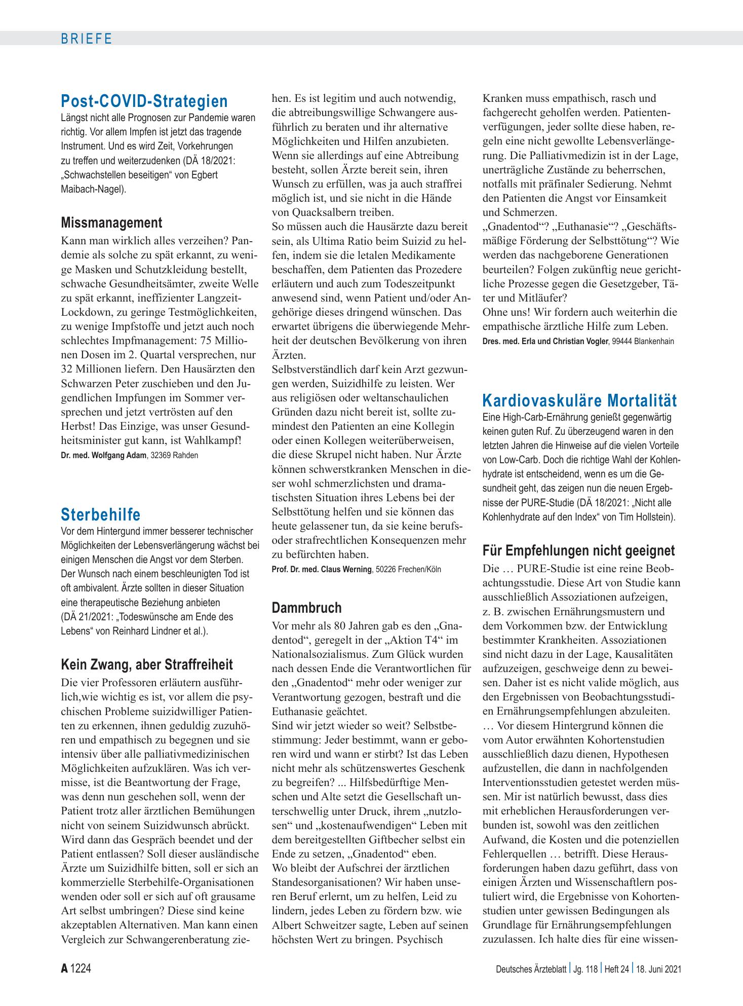 Vorschauseite 1: Sterbehilfe: Dammbruch – Deutsches Ärzteblatt