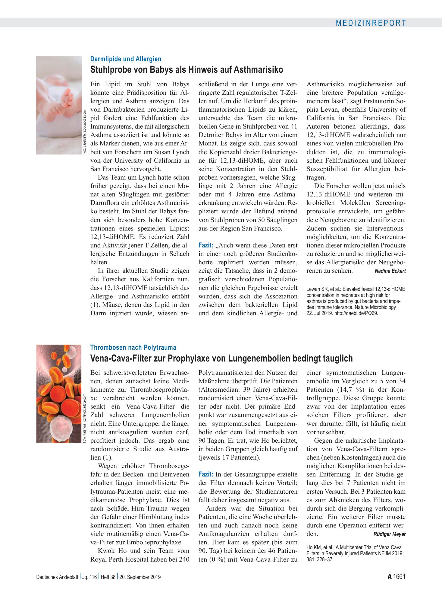 Vorschauseite 1: Thrombosen nach Polytrauma: Vena-Cava-Filter zur Prophylaxe von Lungenembolien bedingt tauglich – Deutsches Ärzteblatt