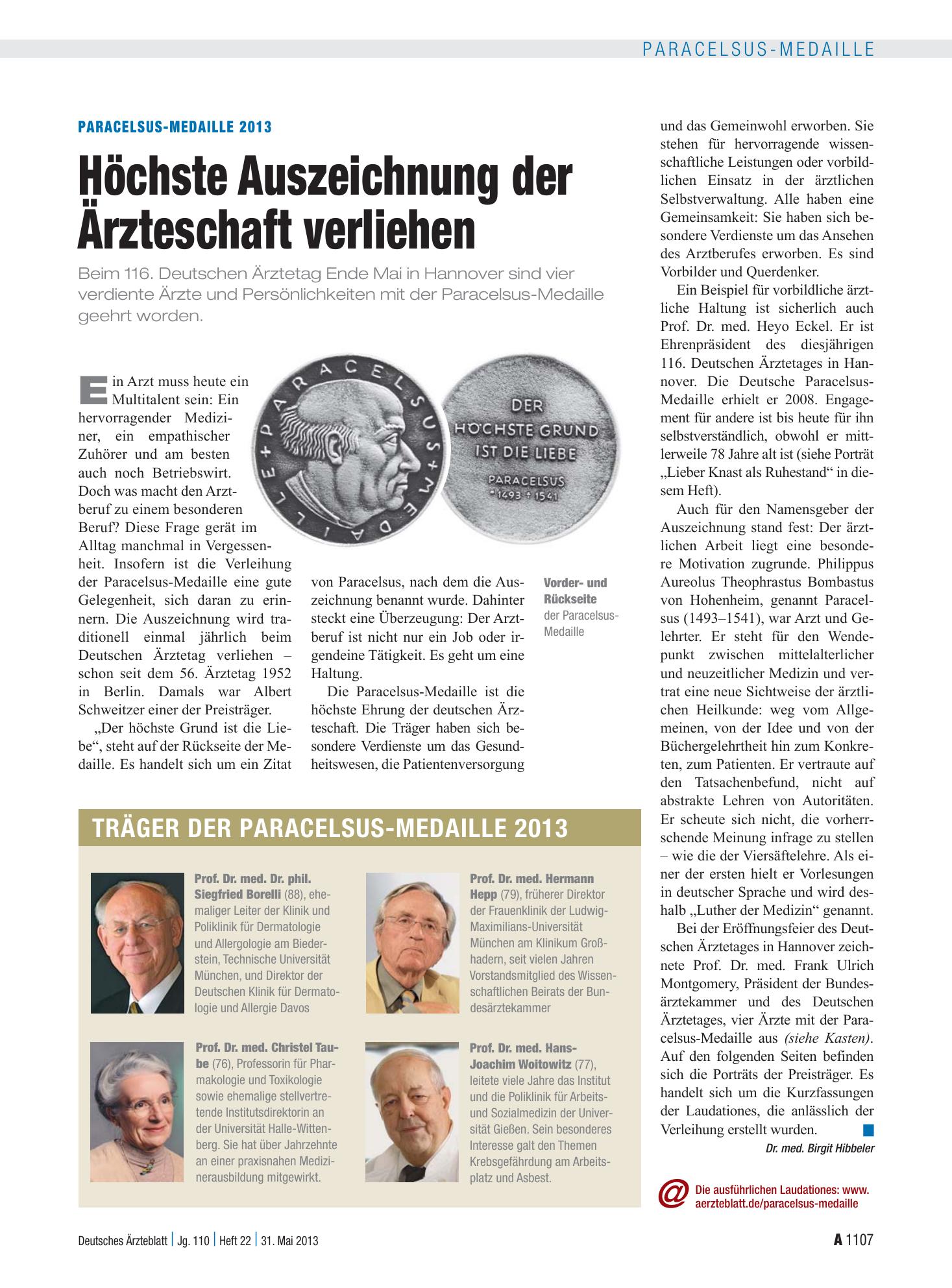 Vorschauseite 1: Paracelsus-Medaille 2013: Höchste Auszeichnung der Ärzteschaft verliehen – Deutsches Ärzteblatt
