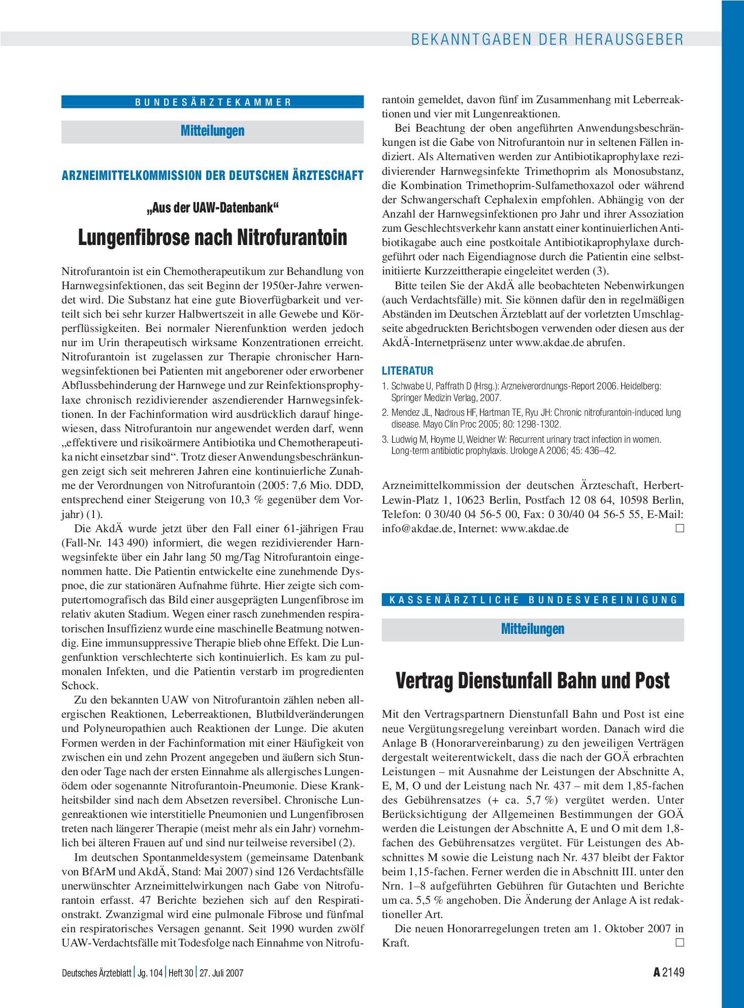 Vorschauseite 1: Mitteilungen: Vertrag Dienstunfall Bahn und Post – Deutsches Ärzteblatt