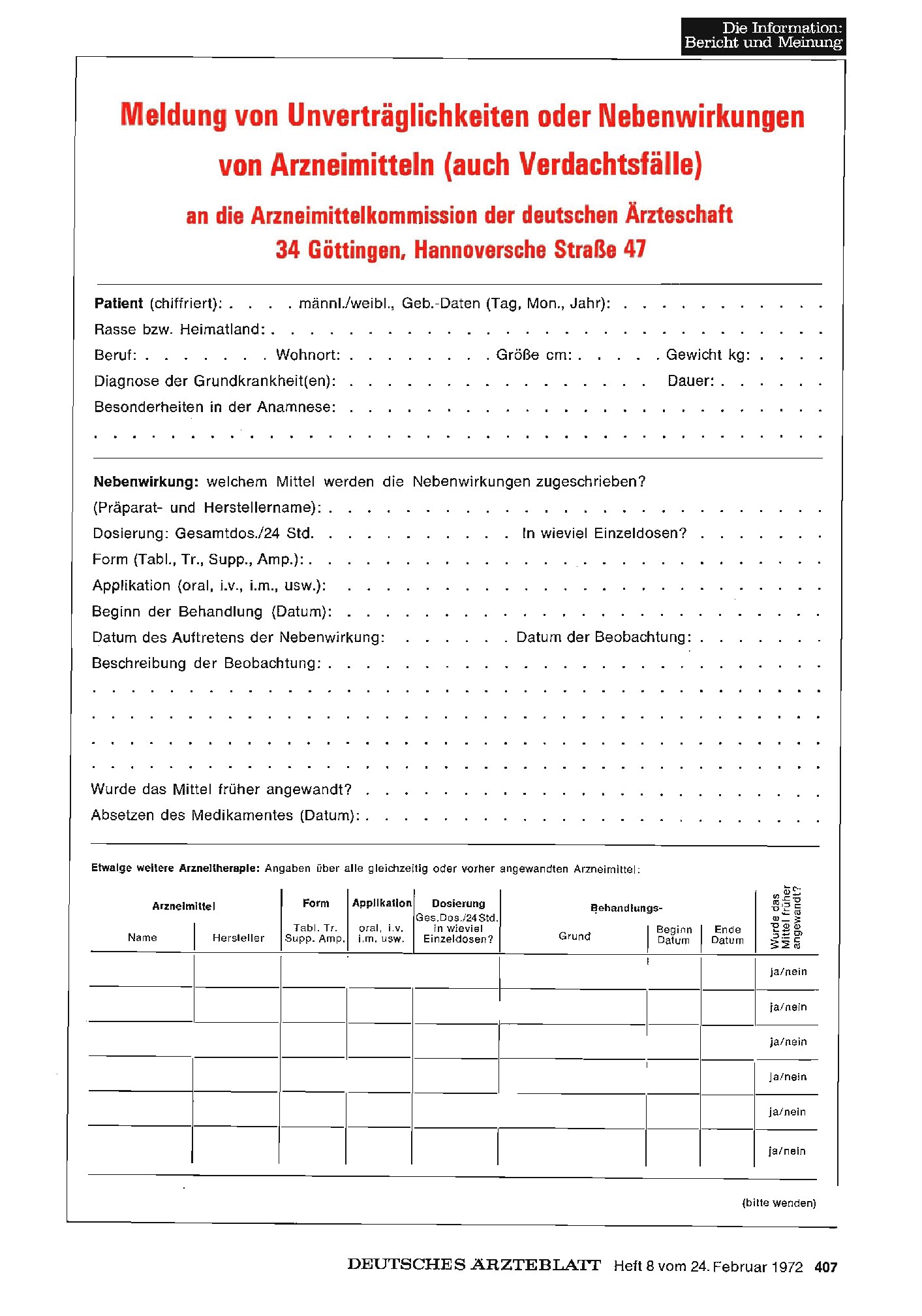 Vorschauseite 1: Meldung von Unverträglichkeiten oder Nebenwirkungen von Arzneimitteln