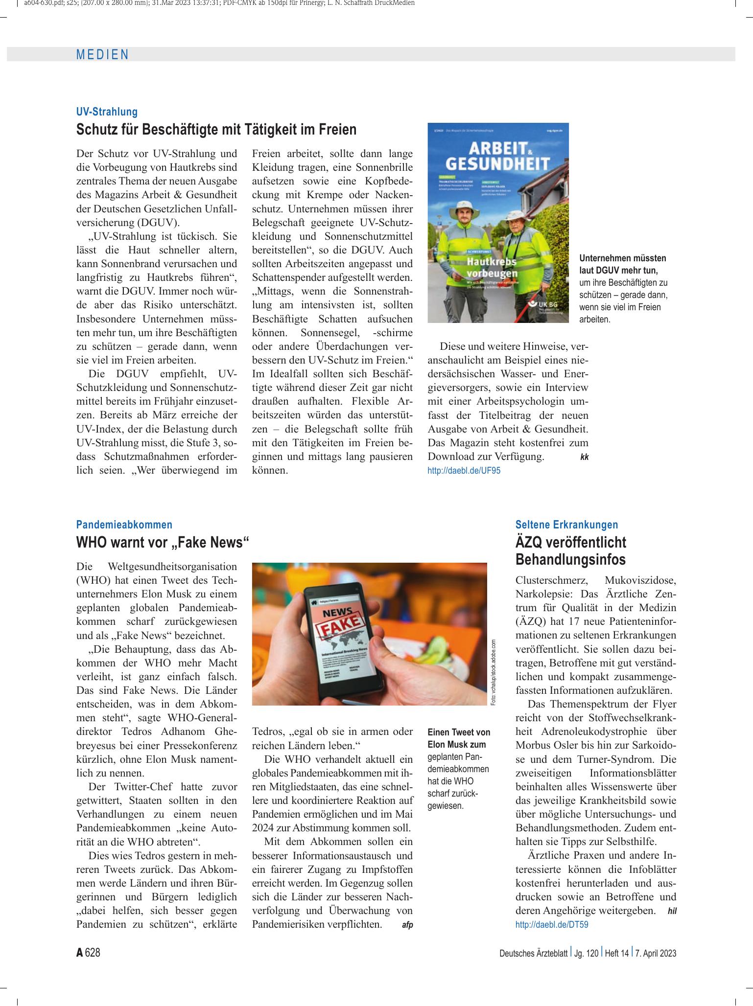 Vorschauseite 1: Seltene Erkrankungen: ÄZQ veröffentlicht Behandlungsinfos – Deutsches Ärzteblatt