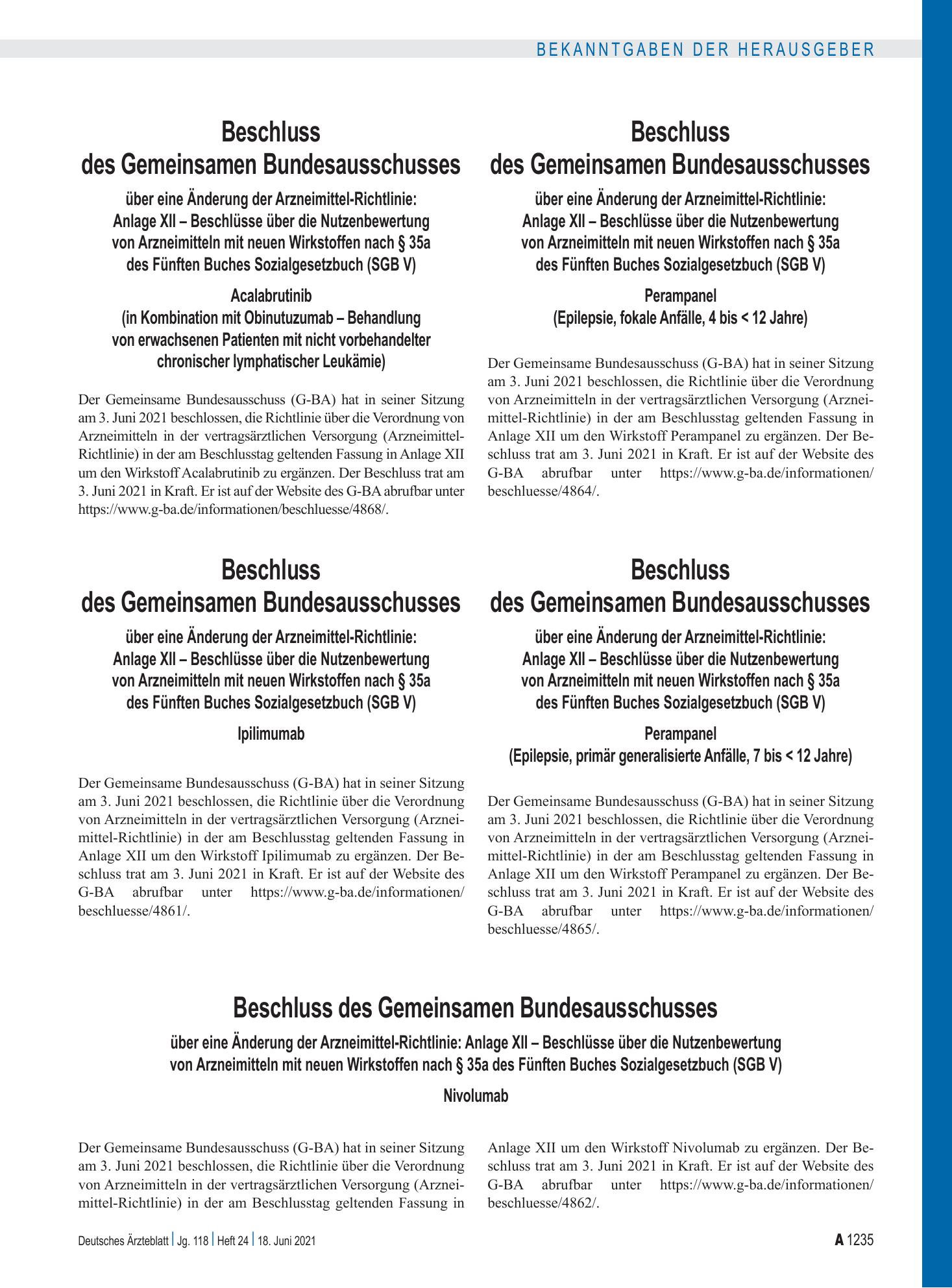 Vorschauseite 1: Beschluss des Gemeinsamen Bundesausschusses über eine Änderung der Arzneimittel-Richtlinie: Anlage XII – Acalabrutinib (in Kombination mit Obinutuzumab – Behandlung von erwachsene…
