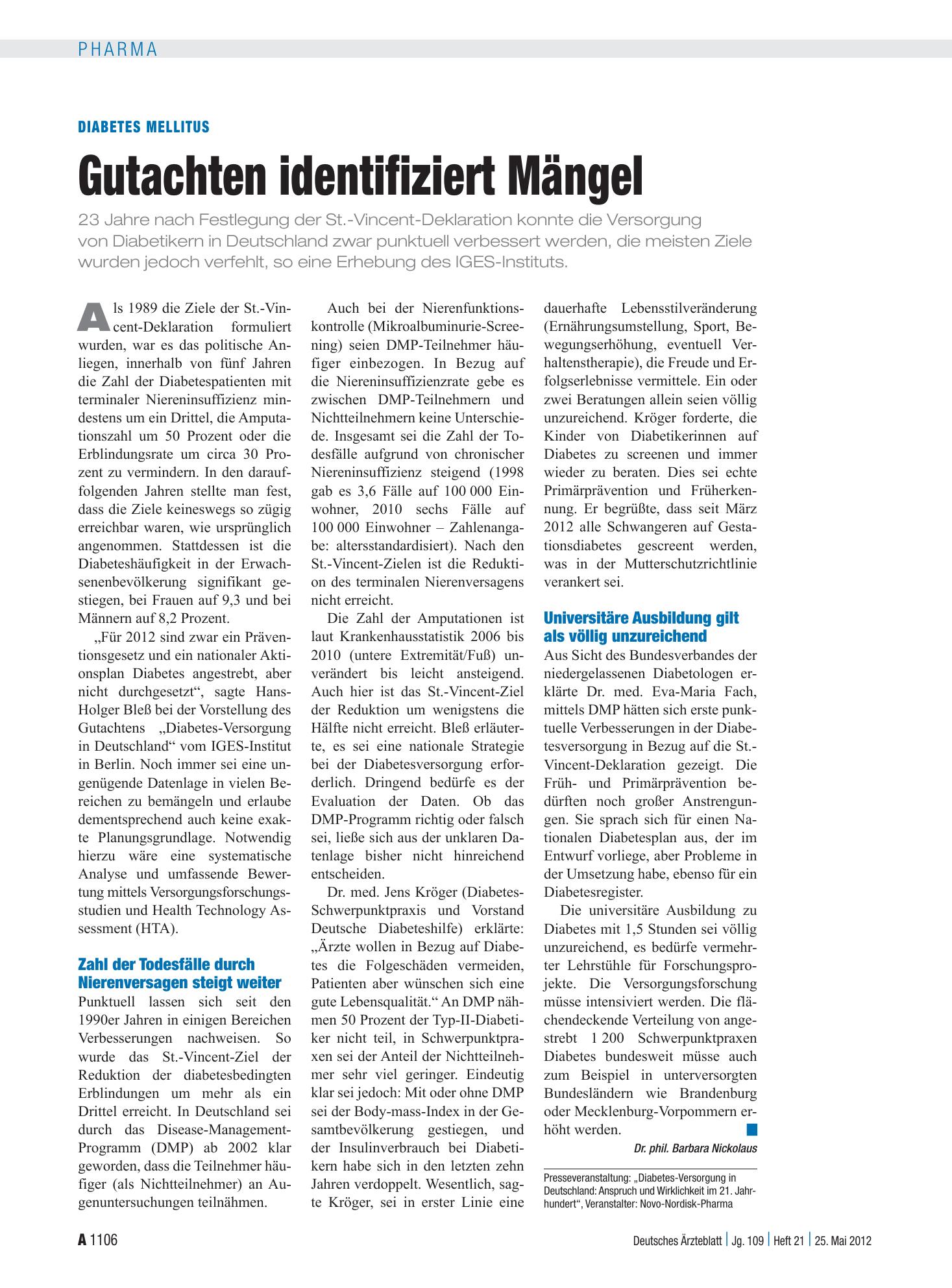 Vorschauseite 1: Diabetes mellitus: Gutachten identifiziert Mängel – Deutsches Ärzteblatt