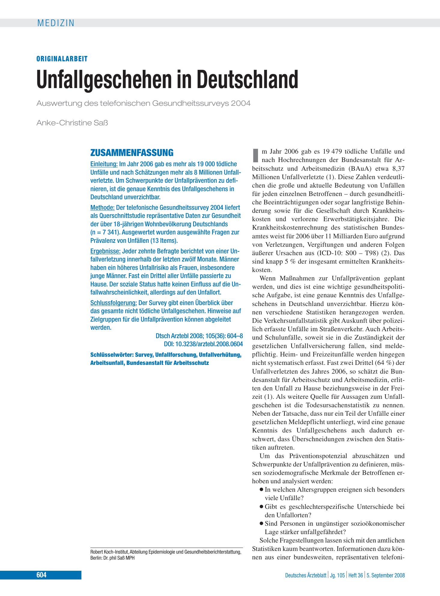 Vorschauseite 1: Unfallgeschehen in Deutschland – Deutsches Ärzteblatt