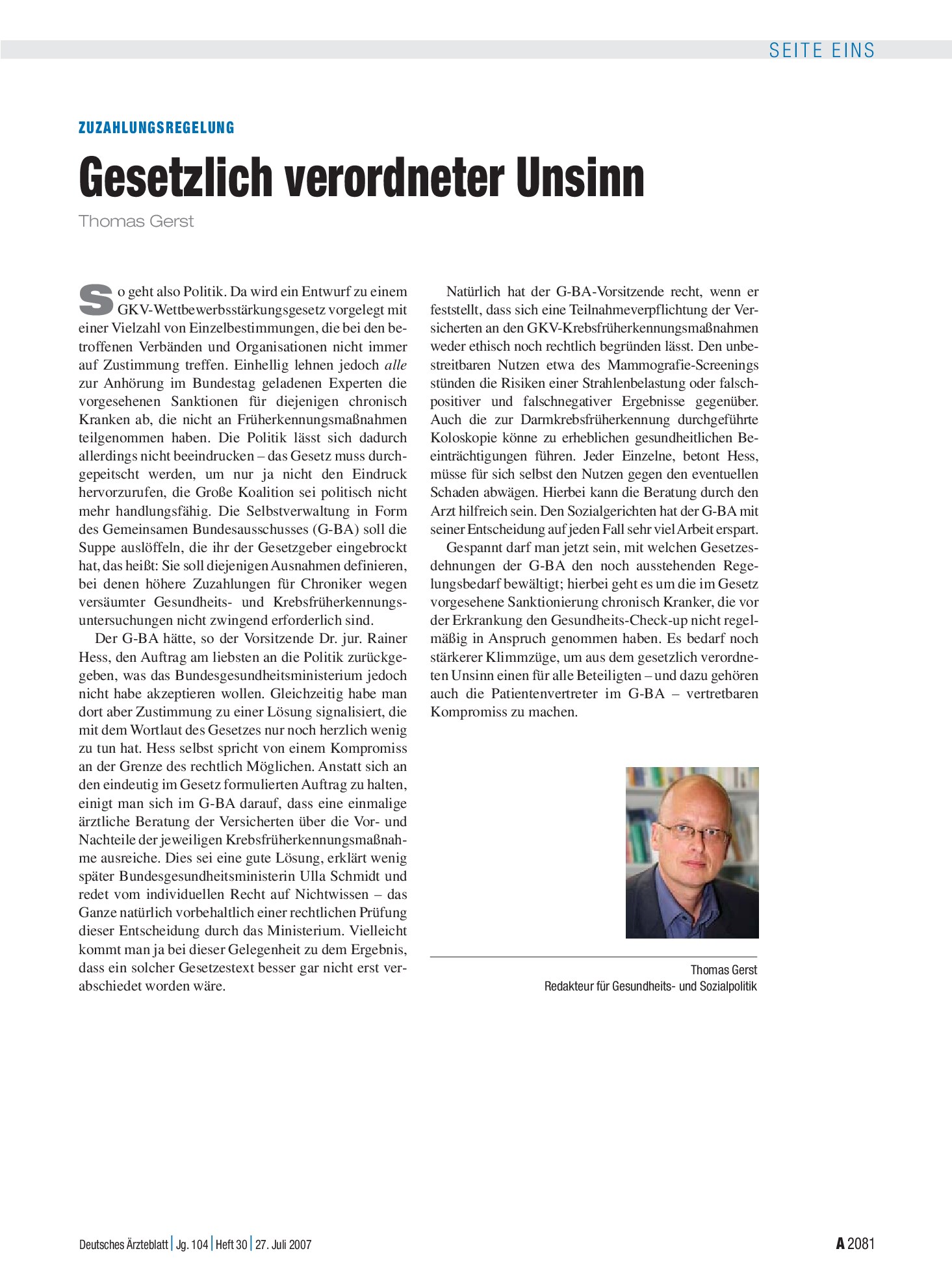 Vorschauseite 1: Zuzahlungsregelung: Gesetzlich verordneter Unsinn – Deutsches Ärzteblatt