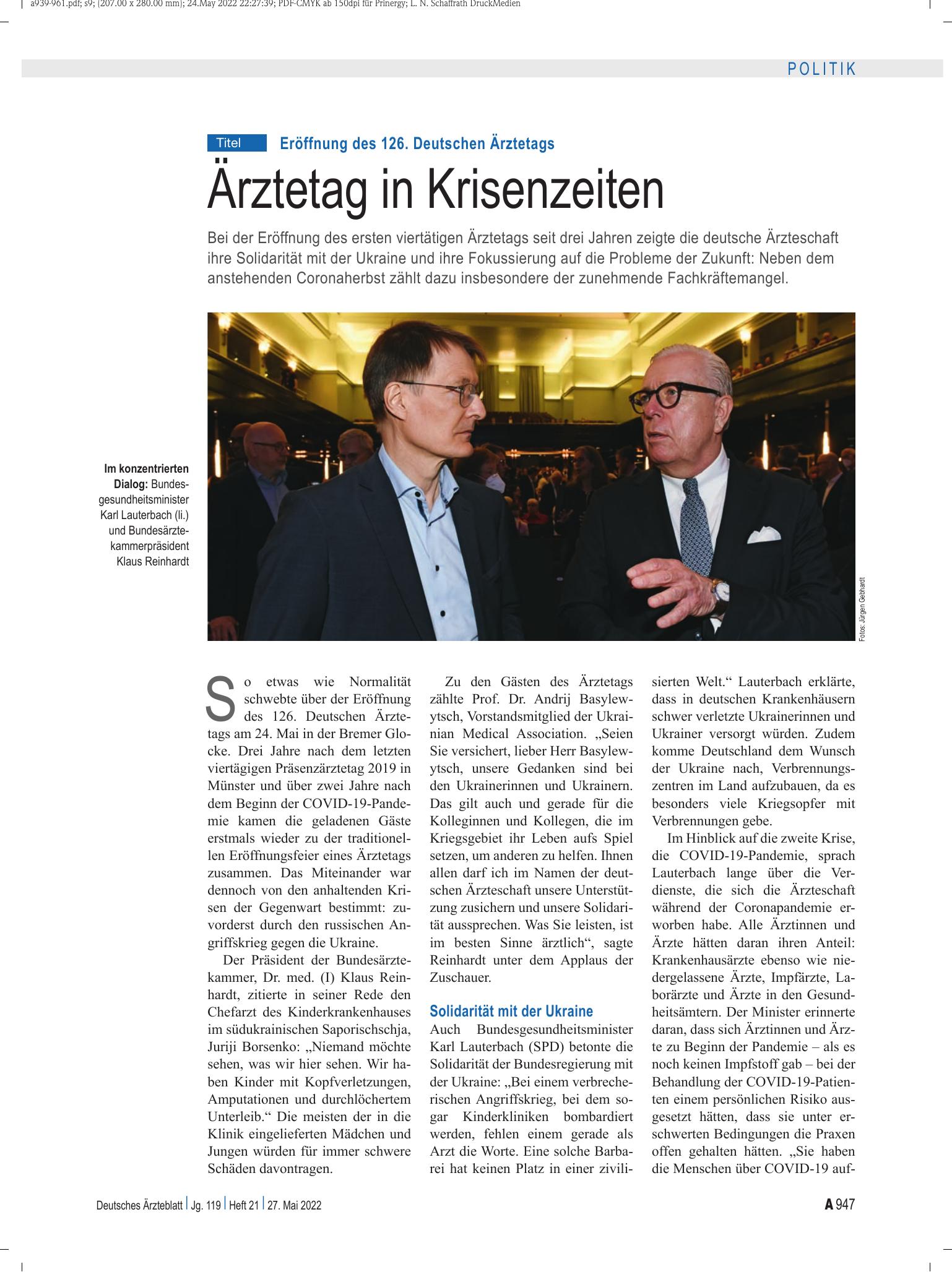 Vorschauseite 1: Eröffnung des 126. Deutschen Ärztetags: Ärztetag in Krisenzeiten – Deutsches Ärzteblatt