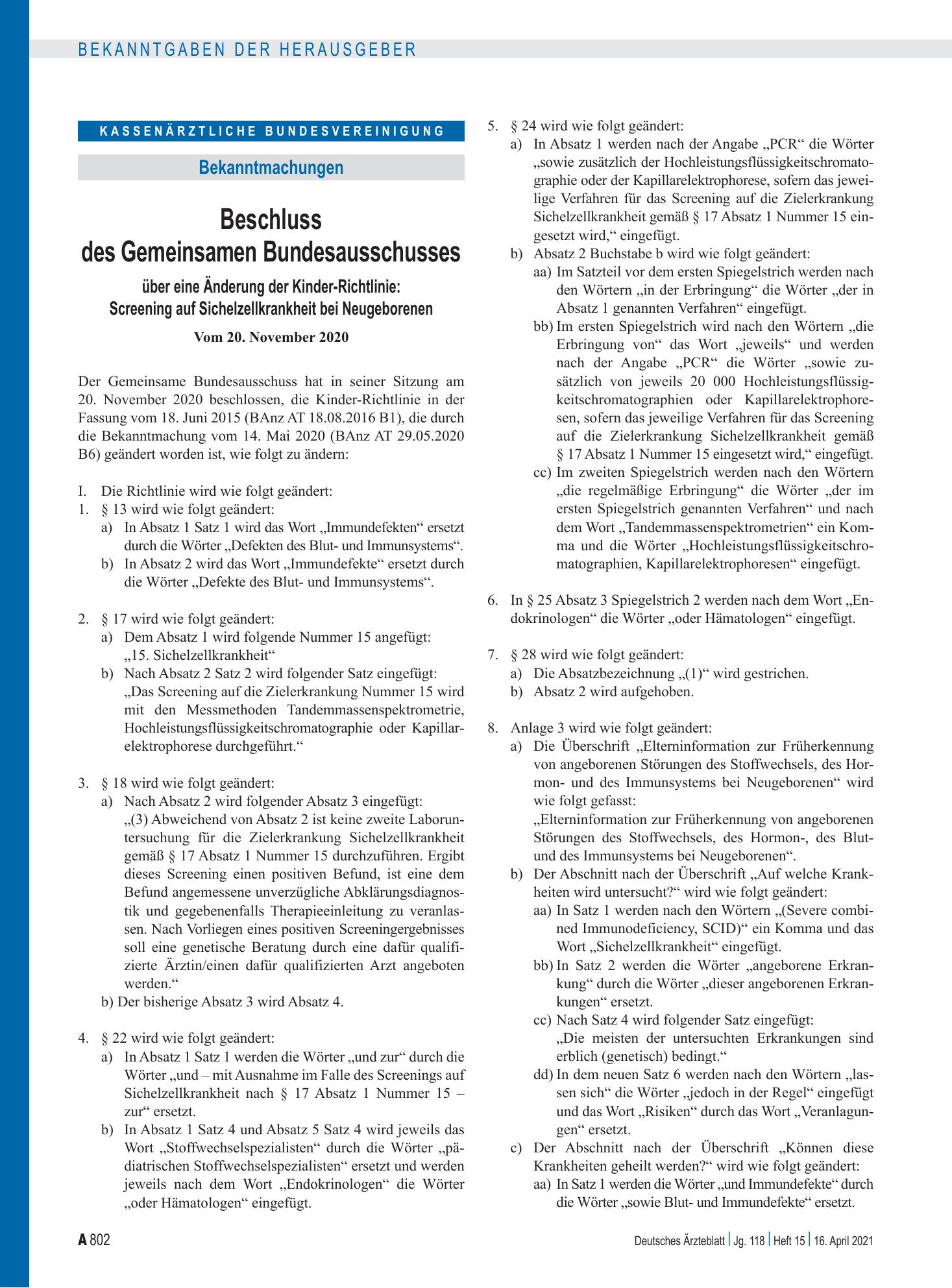 Vorschauseite 1: Beschluss des Gemeinsamen Bundesausschusses über eine Änderung der Kinder-Richtlinie: Screening auf Sichelzellkrankheit bei Neugeborenen – Deutsches Ärzteblatt