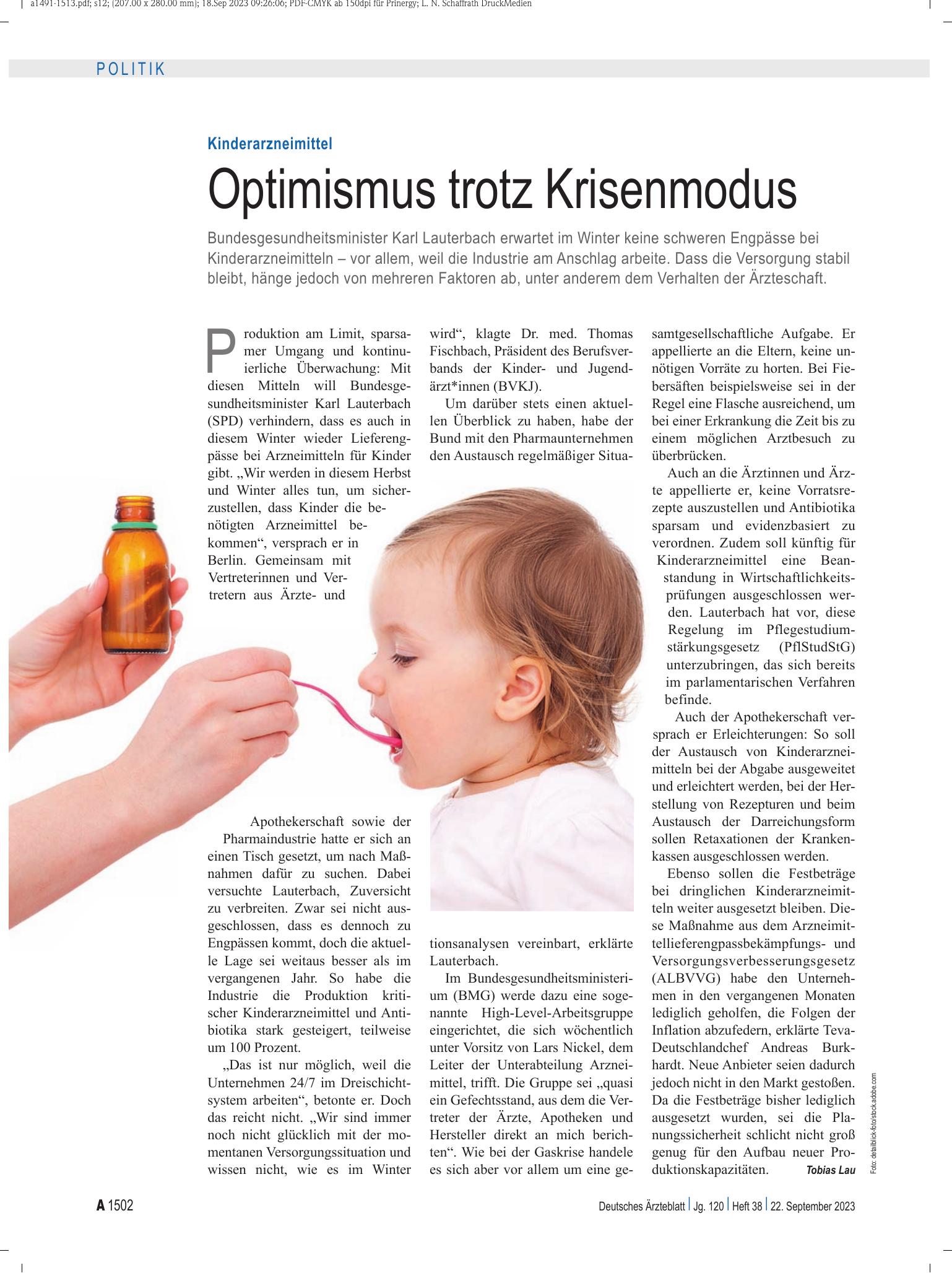 Vorschauseite 1: Kinderarzneimittel: Optimismus trotz Krisenmodus – Deutsches Ärzteblatt