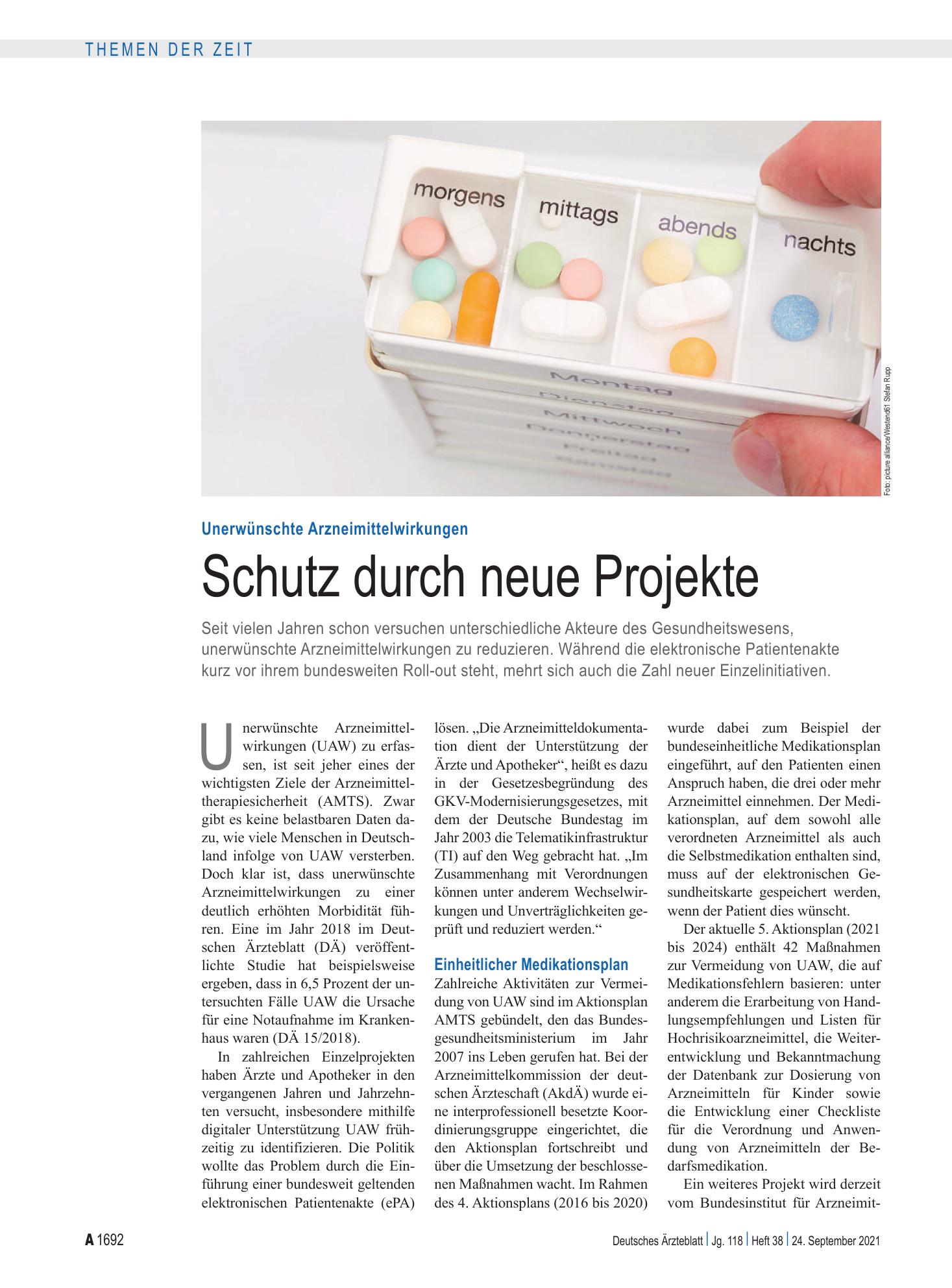 Vorschauseite 1: Unerwünschte Arzneimittelwirkungen: Schutz durch neue Projekte – Deutsches Ärzteblatt