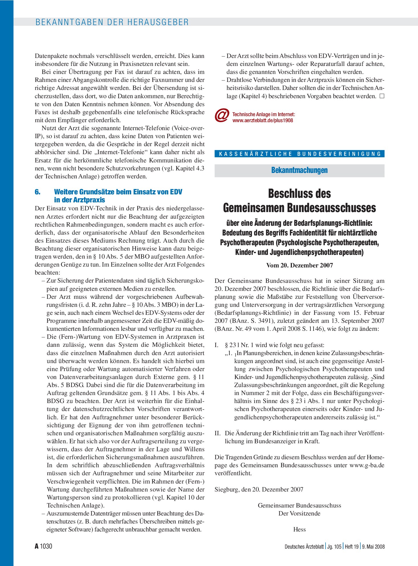 Vorschauseite 1: Bekanntmachungen: Beschluss des Gemeinsamen Bundesausschusses über eine Änderung der Bedarfsplanungs-Richtlinie: Bedeutung des Begriffs Fachidentität für nichtärztliche Psychother…