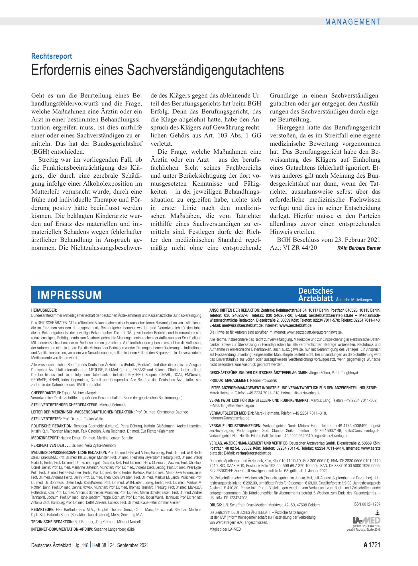 Vorschauseite 1: Rechtsreport: Erfordernis eines Sachverständigengutachtens – Deutsches Ärzteblatt