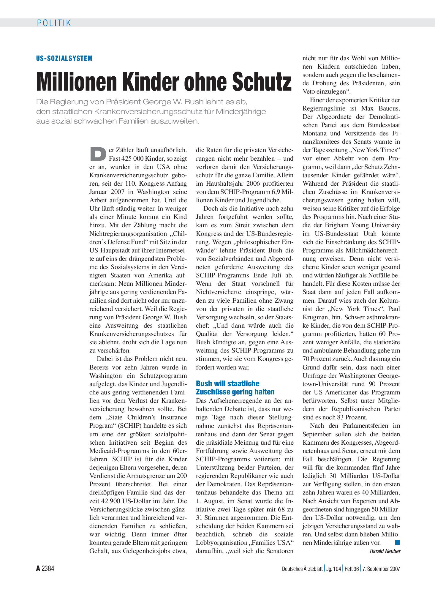Vorschauseite 1: US-Sozialsystem: Millionen Kinder ohne Schutz – Deutsches Ärzteblatt