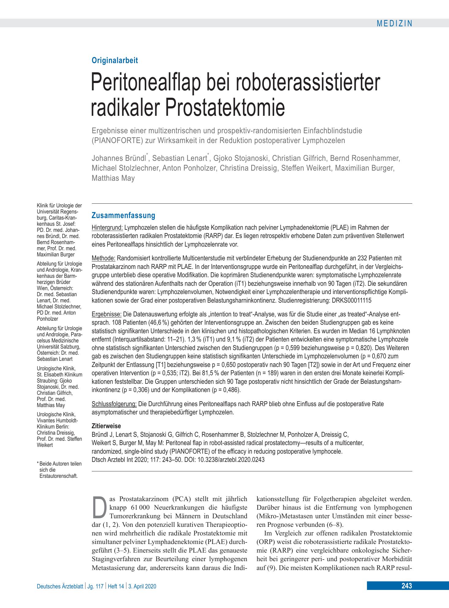 Vorschauseite 1: Peritonealflap bei roboterassistierter radikaler Prostatektomie – Deutsches Ärzteblatt