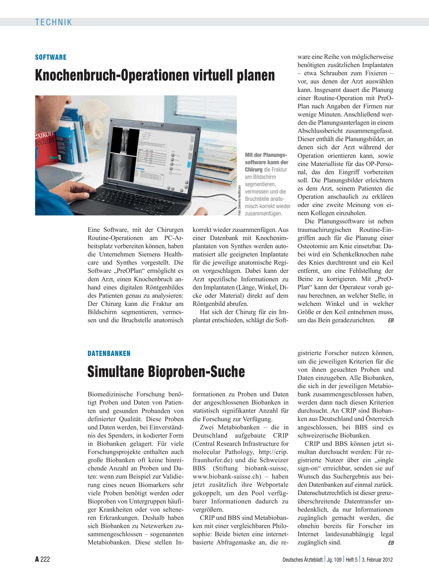 Vorschauseite 1: Software: Knochenbruch-Operationen virtuell planen – Deutsches Ärzteblatt