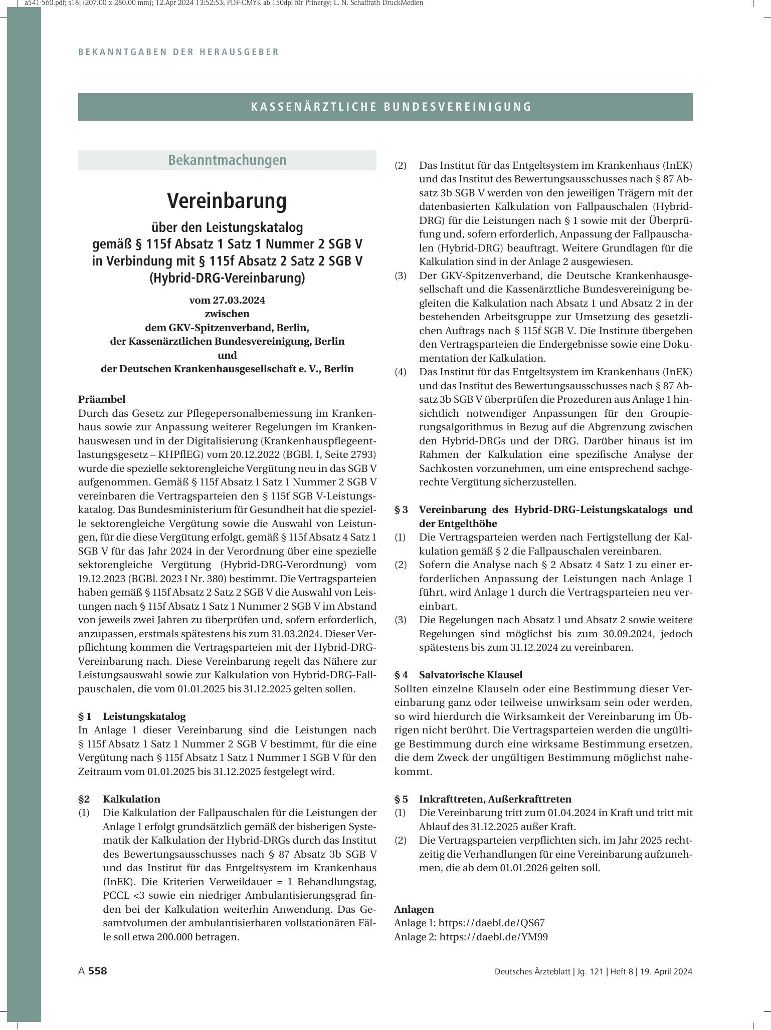 Vorschauseite 1: Vereinbarung über den Leistungskatalog gemäß § 115f Absatz 1 Satz 1 Nummer 2 SGB V in Verbindung mit § 115f Absatz 2 Satz 2 SGB V (Hybrid-DRG-Vereinbarung) – Deutsches Ärzteblatt