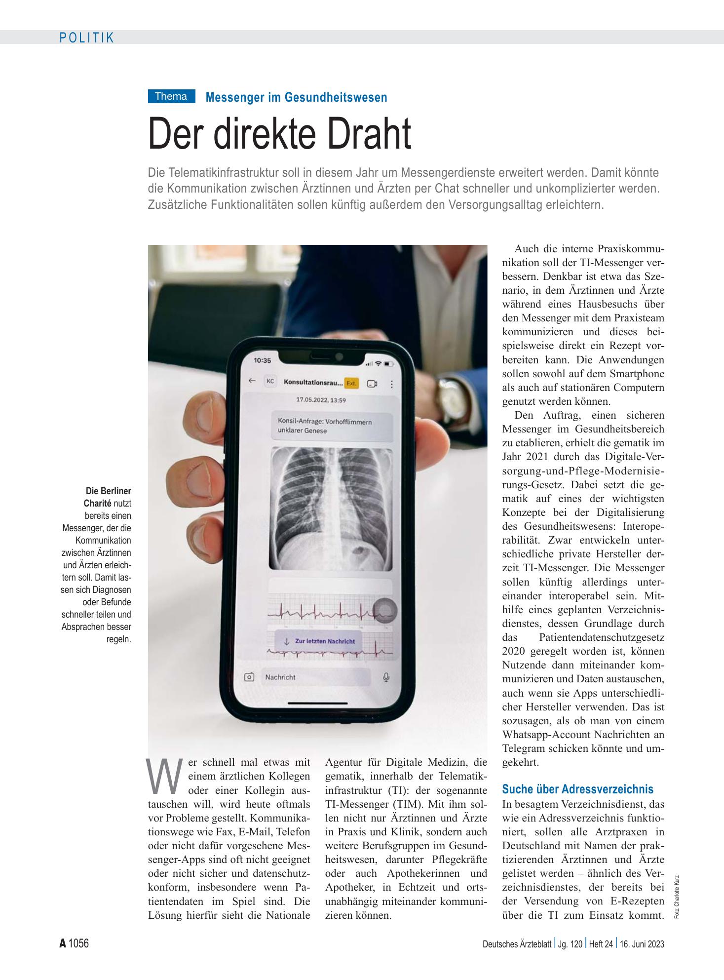 Vorschauseite 1: Messenger im Gesundheitswesen: Der direkte Draht – Deutsches Ärzteblatt