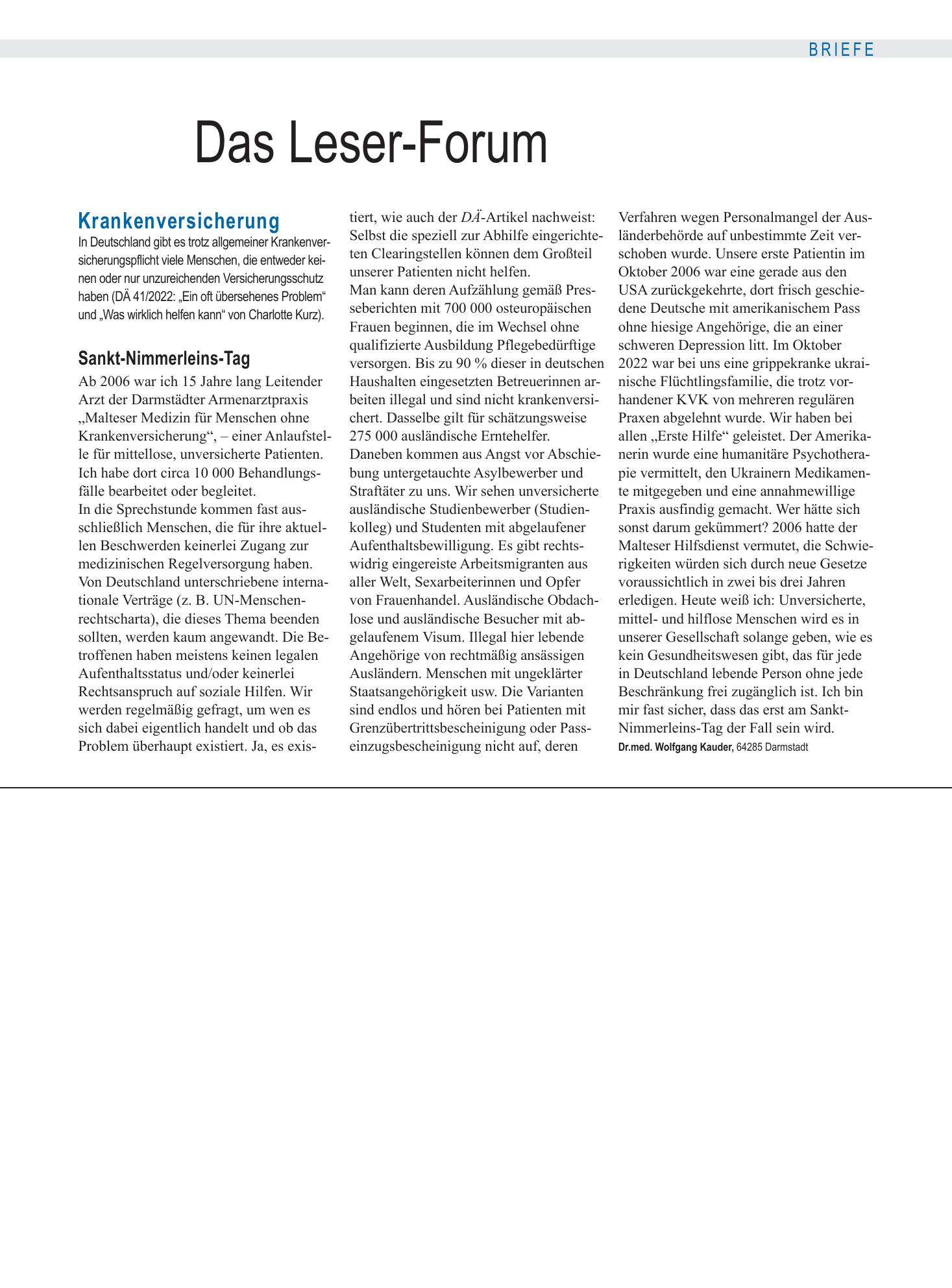 Vorschauseite 1: Krankenversicherung: Sankt-Nimmerleins-Tag – Deutsches Ärzteblatt