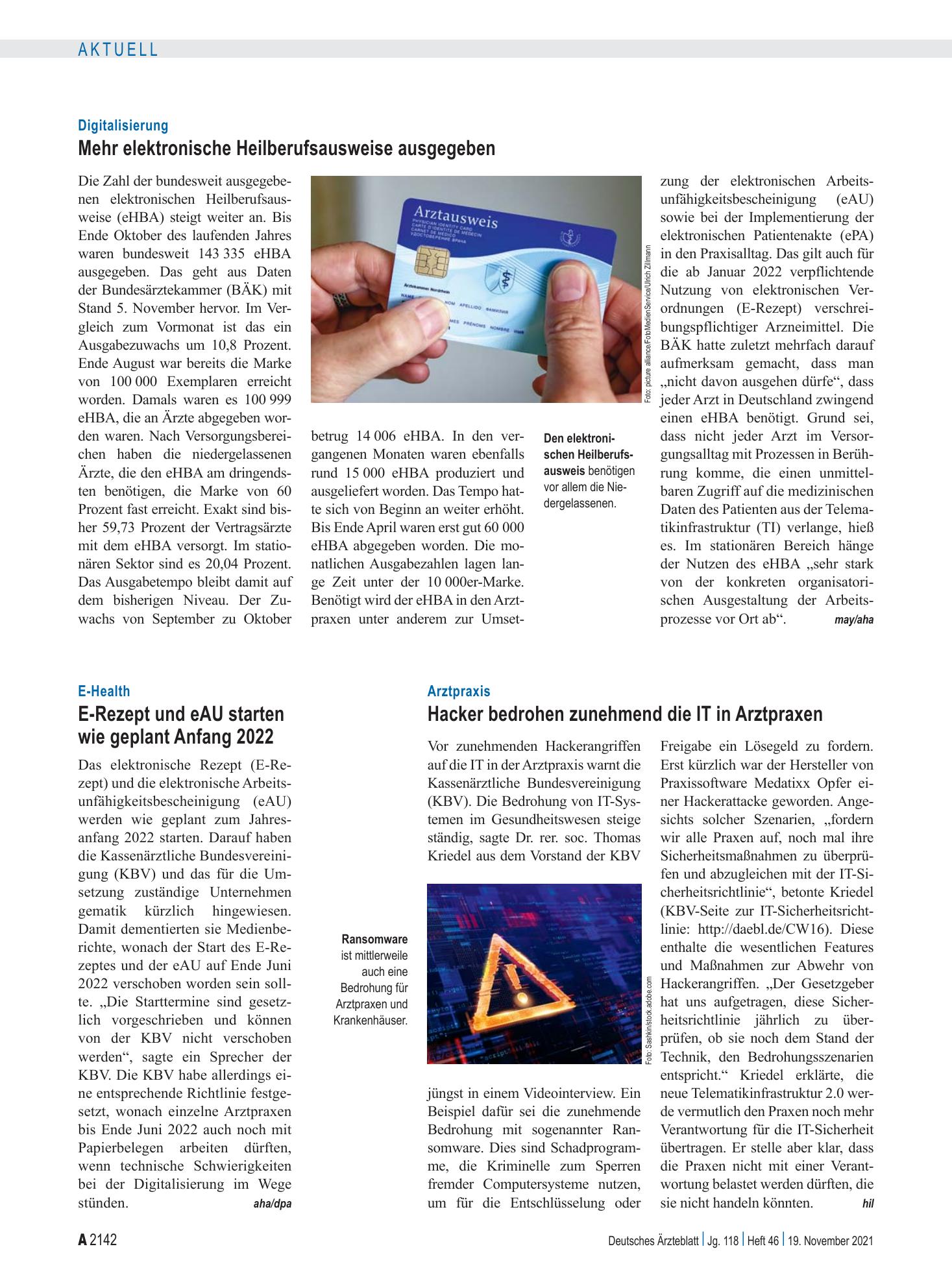 Vorschauseite 1: Arztpraxis: Hacker bedrohen zunehmend die IT in Arztpraxen – Deutsches Ärzteblatt