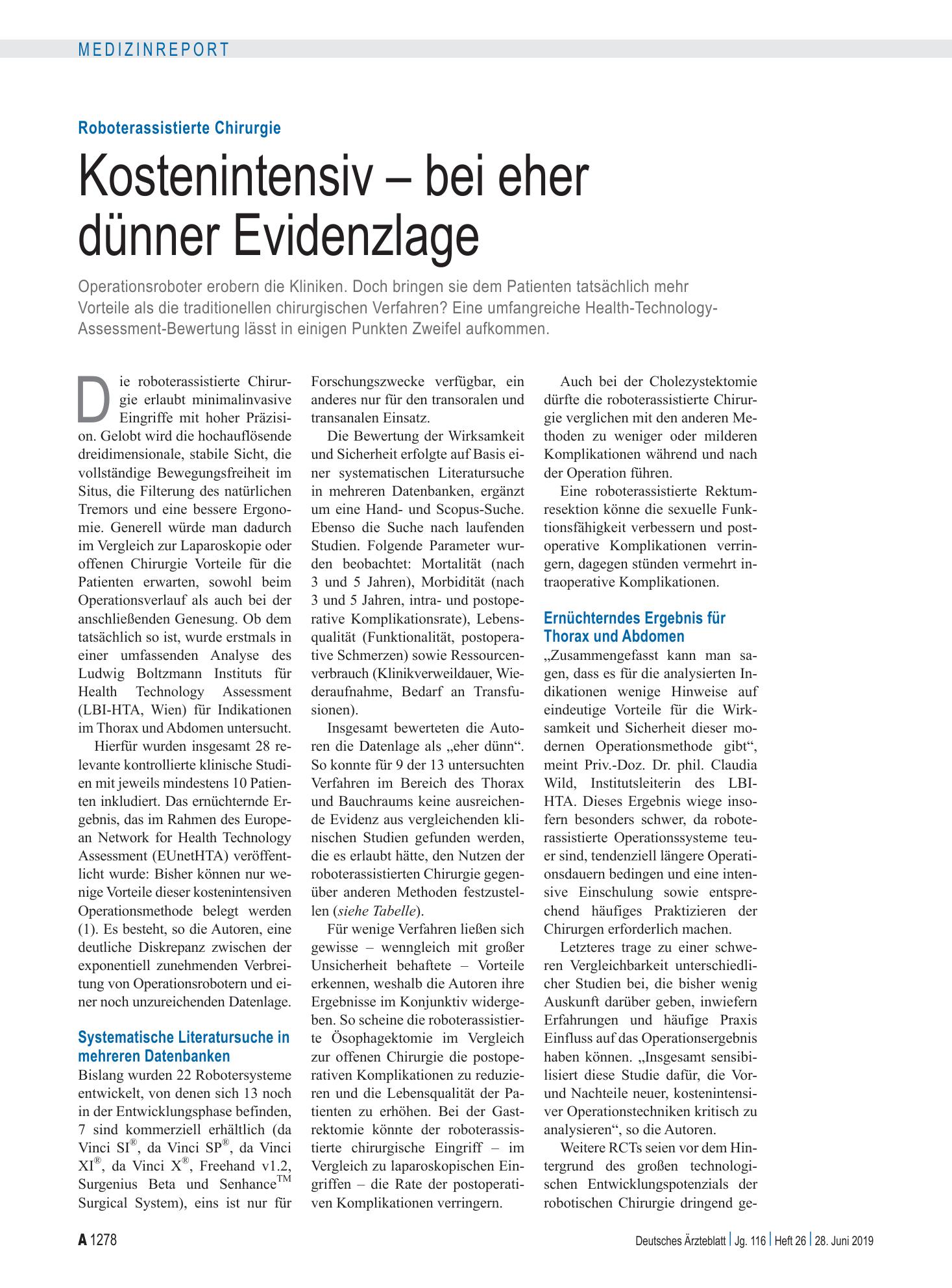Vorschauseite 1: Roboterassistierte Chirurgie: Kostenintensiv – bei eher dünner Evidenzlage – Deutsches Ärzteblatt