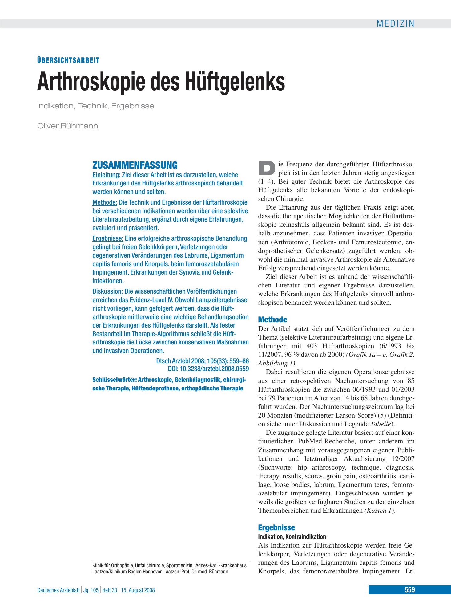 Vorschauseite 1: Arthroskopie des Hüftgelenks – Deutsches Ärzteblatt