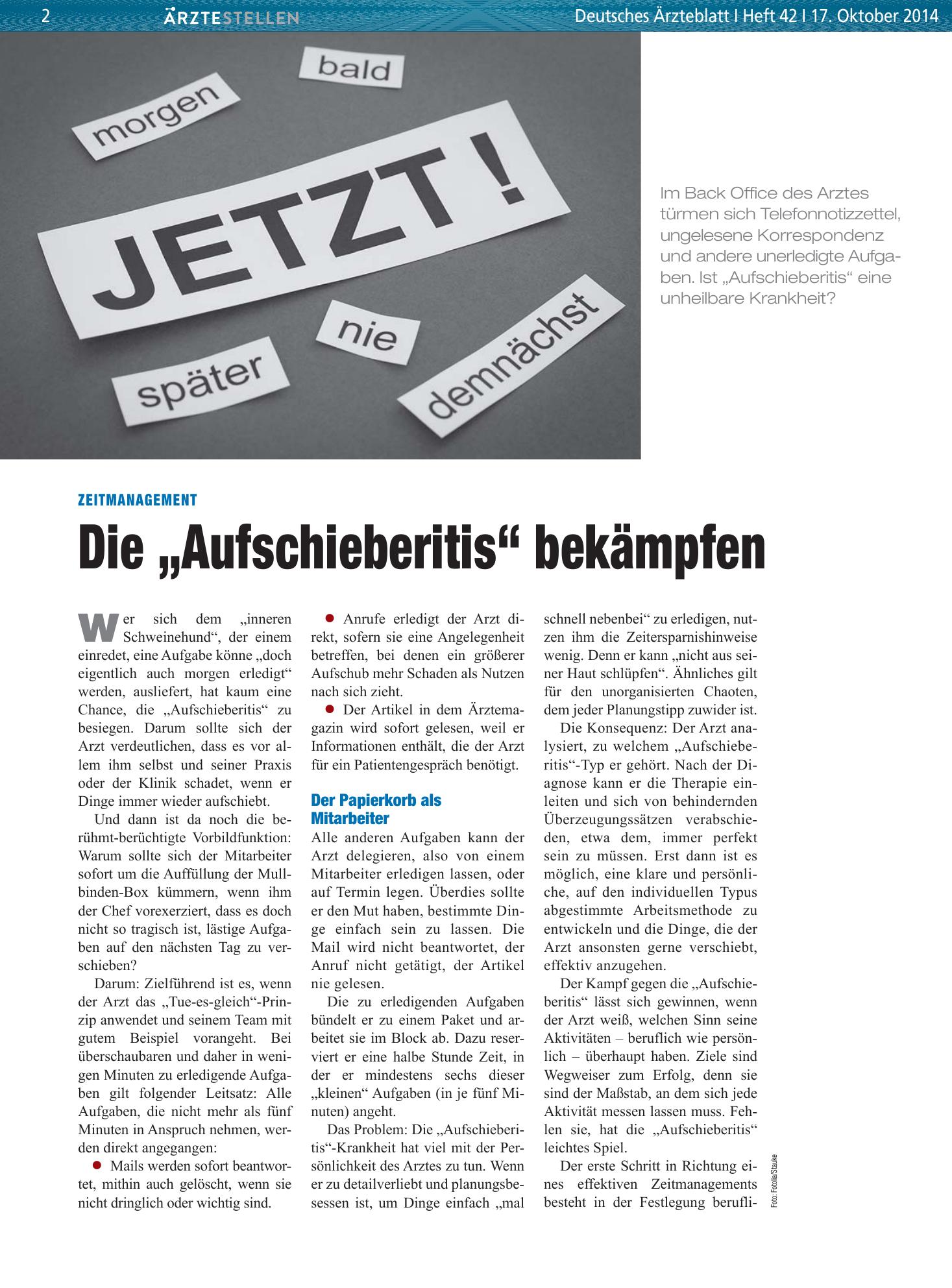 Vorschauseite 1: Zeitmanagement: Die „Aufschieberitis“ bekämpfen – Deutsches Ärzteblatt