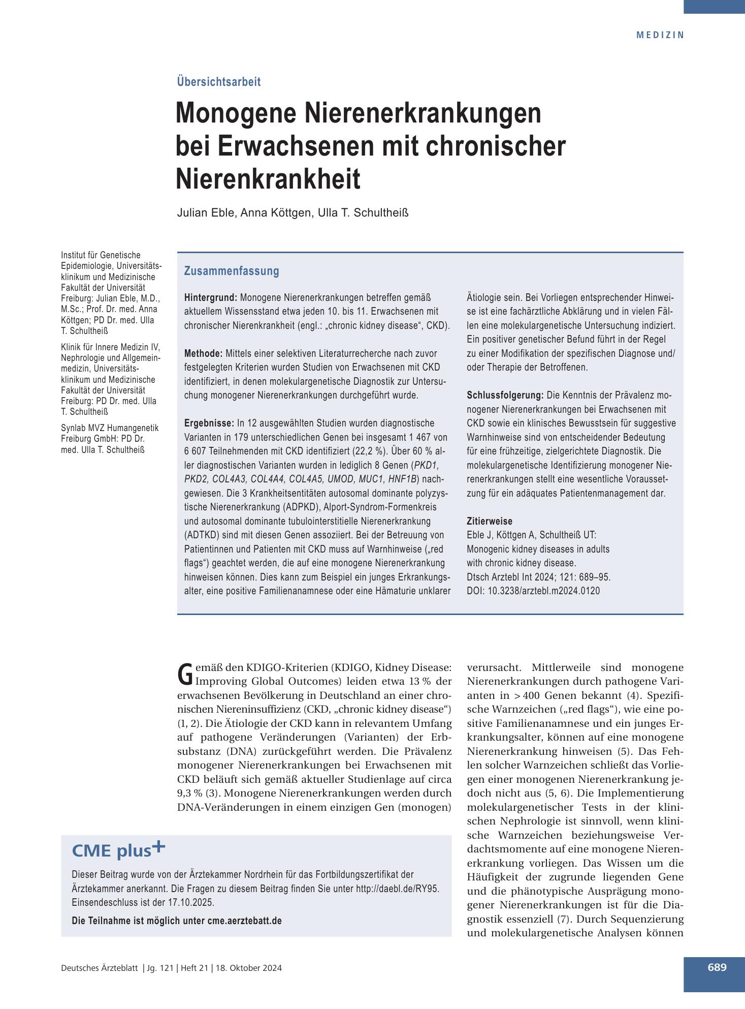Vorschauseite 1: Monogene Nierenerkrankungen bei Erwachsenen mit chronischer Nierenkrankheit – Deutsches Ärzteblatt