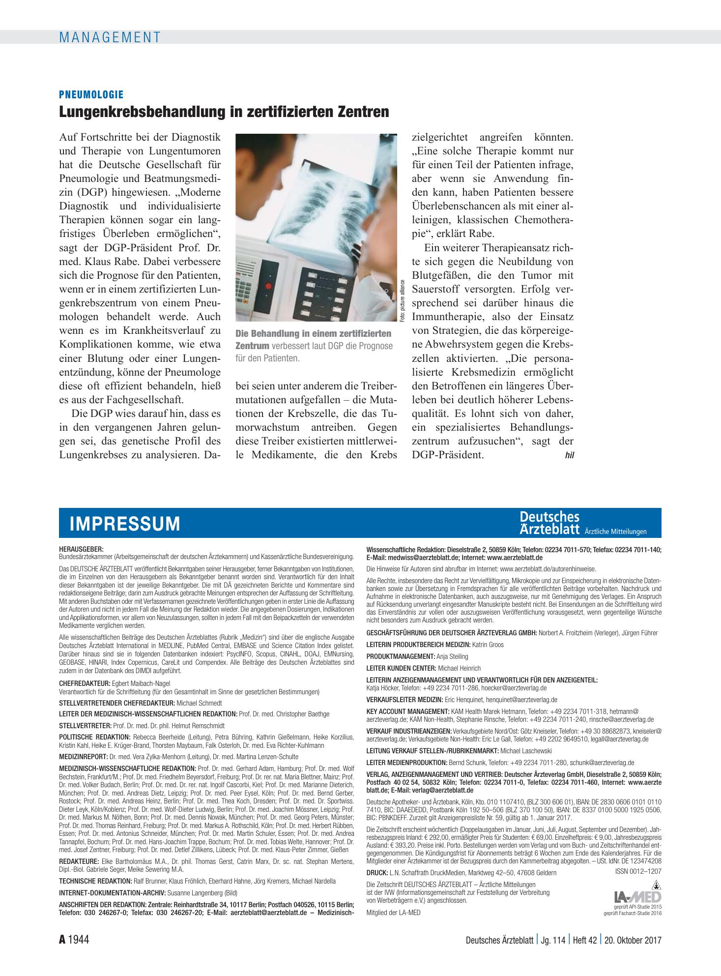 Vorschauseite 1: Pneumologie: Lungenkrebsbehandlung in zertifizierten Zentren – Deutsches Ärzteblatt