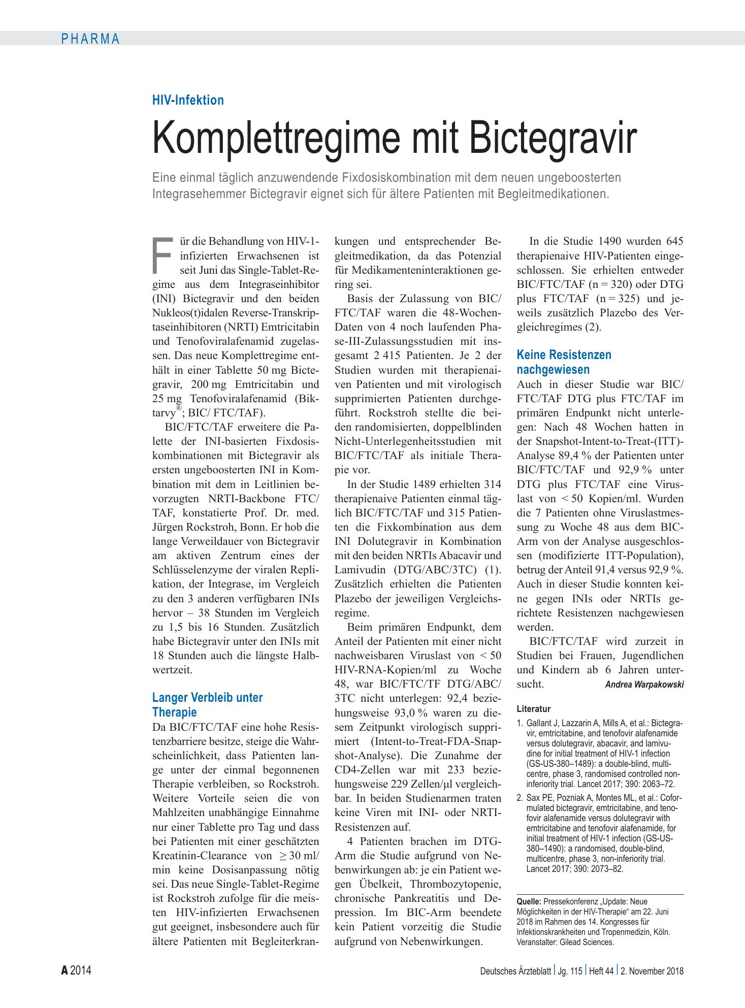 Vorschauseite 1: HIV-Infektion: Komplettregime mit Bictegravir – Deutsches Ärzteblatt