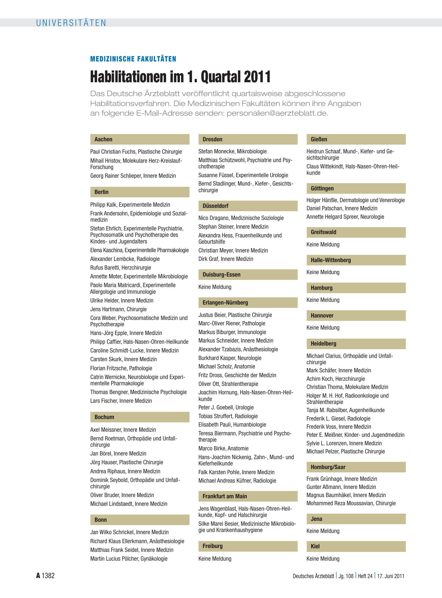 Vorschauseite 1: Medizinische Fakultäten: Habilitationen im 1. Quartal 2011 – Deutsches Ärzteblatt