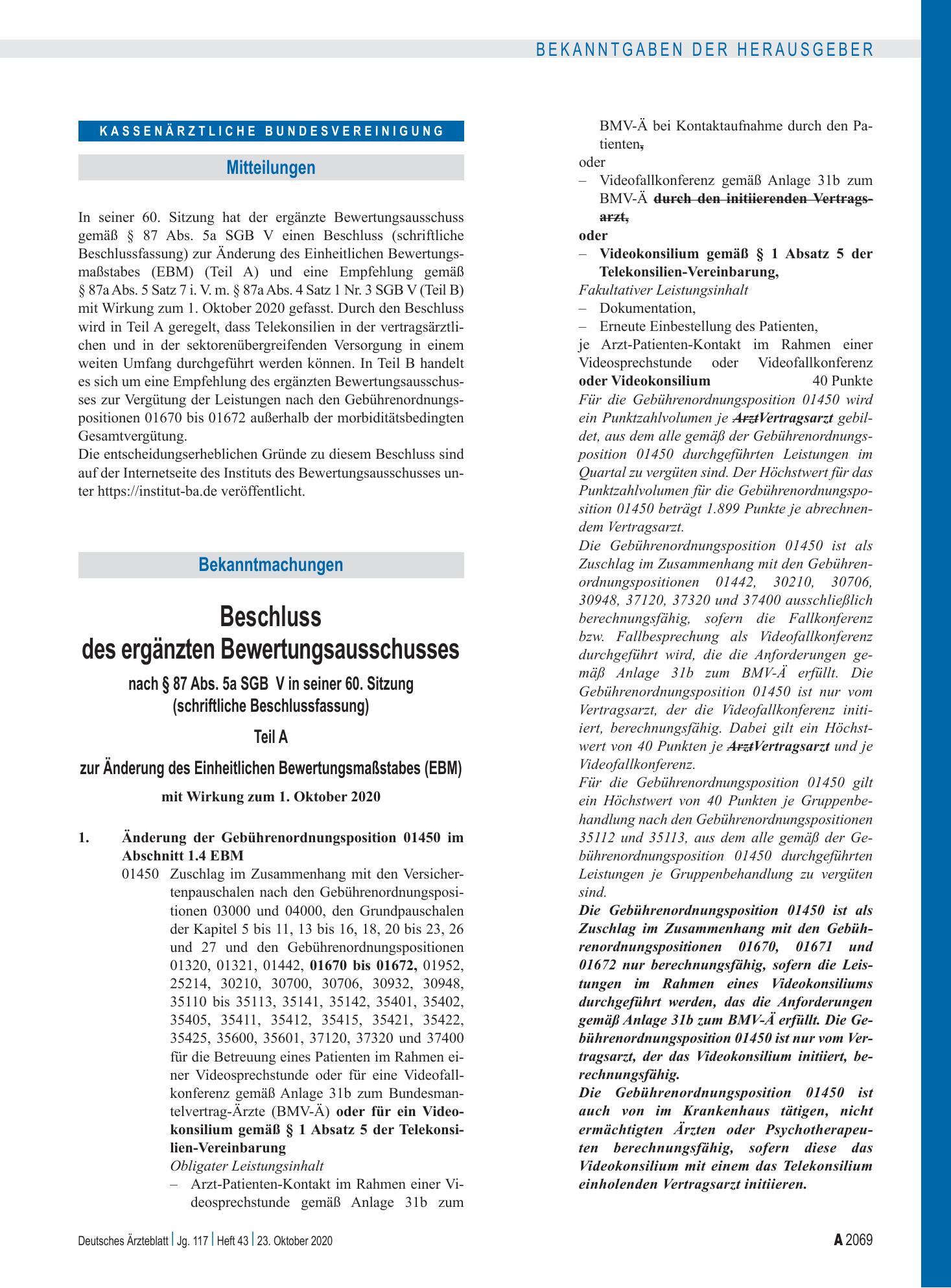 Vorschauseite 1: Beschluss des ergänzten Bewertungsausschusses nach § 87 Abs. 5a SGB V in seiner 60. Sitzung (schriftliche Beschlussfassung) – Deutsches Ärzteblatt