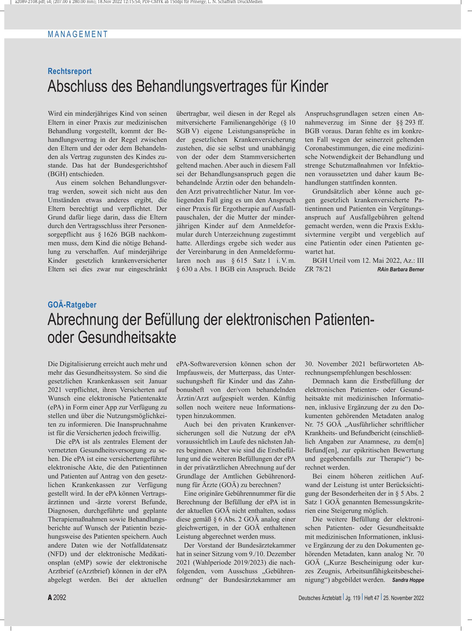 Vorschauseite 1: GOÄ-Ratgeber: Abrechnung der Befüllung der elektronischen Patienten- oder Gesundheitsakte – Deutsches Ärzteblatt