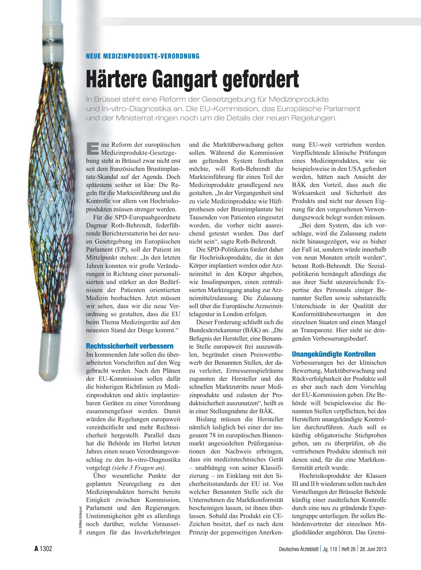 Vorschauseite 1: Neue Medizinprodukte-Verordnung: Härtere Gangart gefordert – Deutsches Ärzteblatt