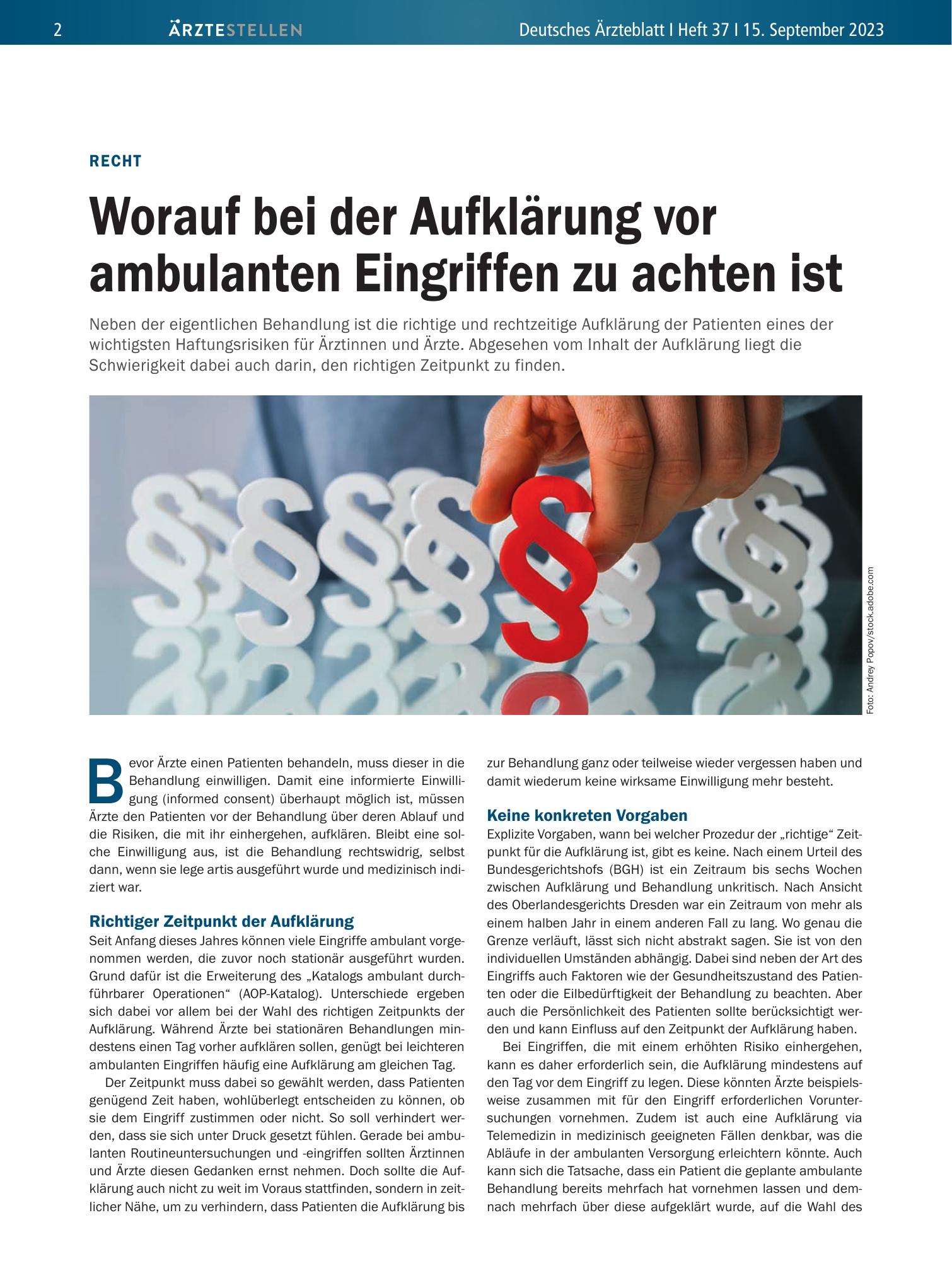Vorschauseite 1: Recht: Worauf bei der Aufklärung vor ambulanten Eingriffen zu achten ist – Deutsches Ärzteblatt
