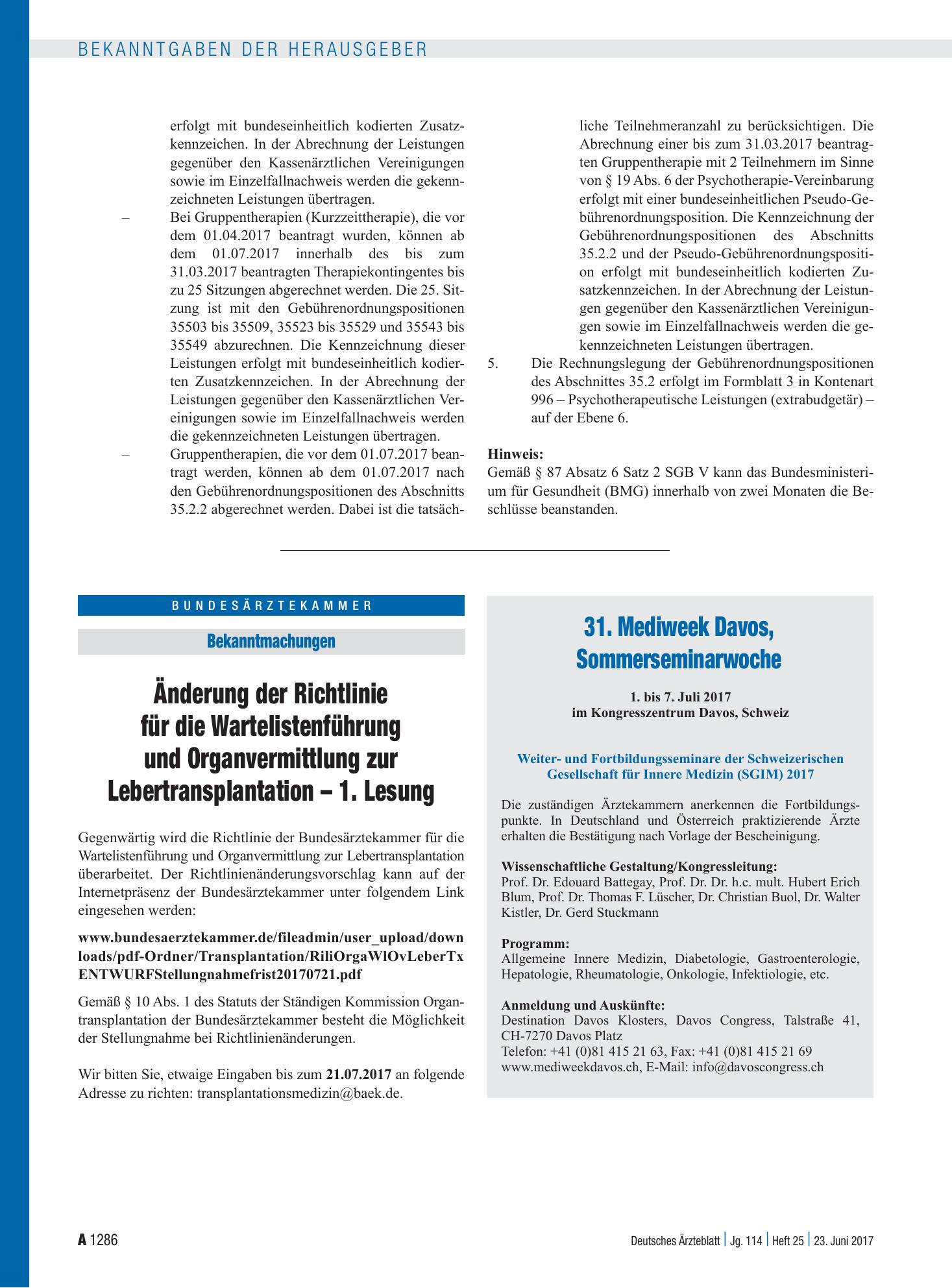 Vorschauseite 1: 31. Mediweek Davos, Sommerseminarwoche – Deutsches Ärzteblatt