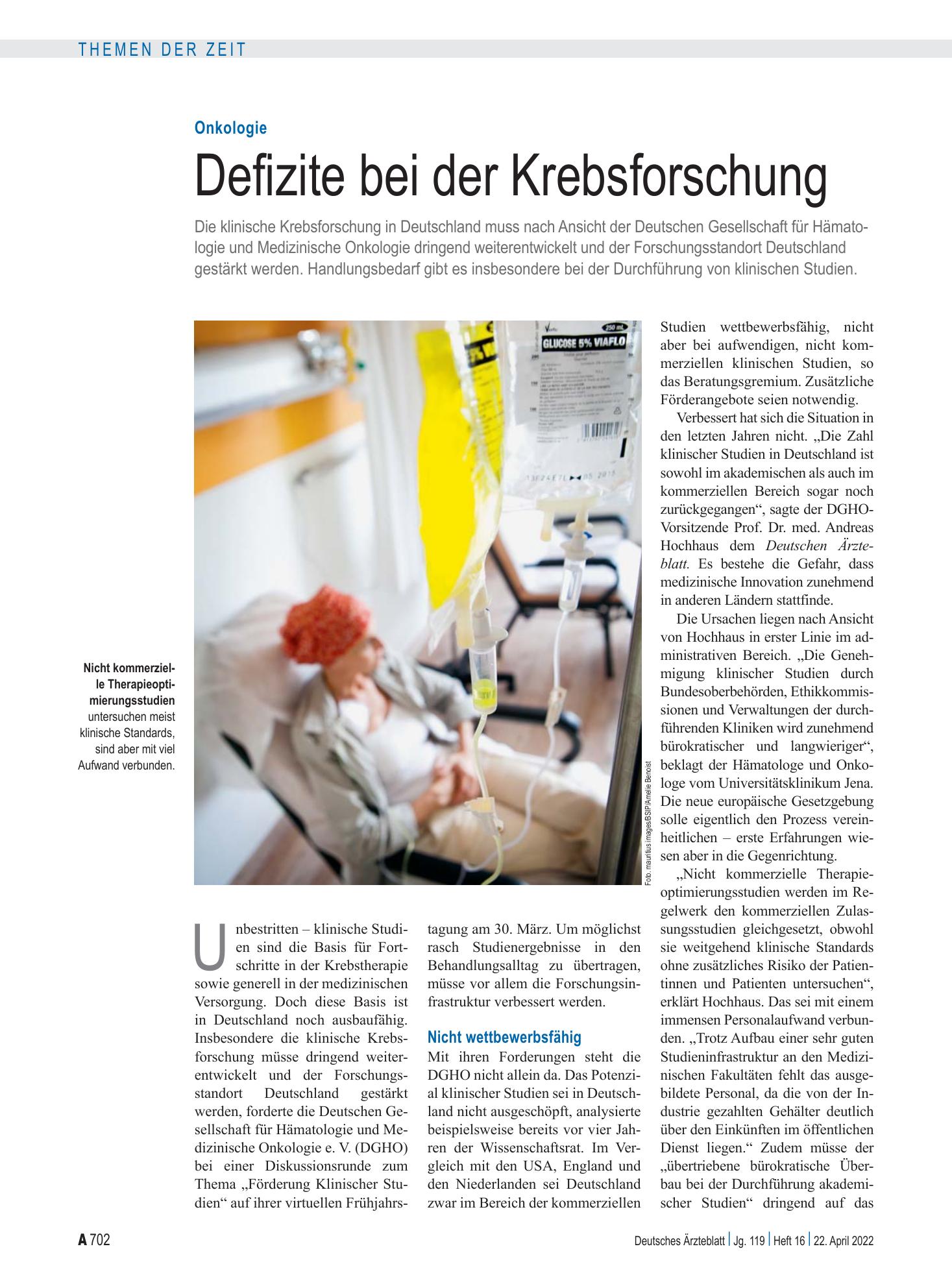 Vorschauseite 1: Onkologie: Defizite bei der Krebsforschung – Deutsches Ärzteblatt