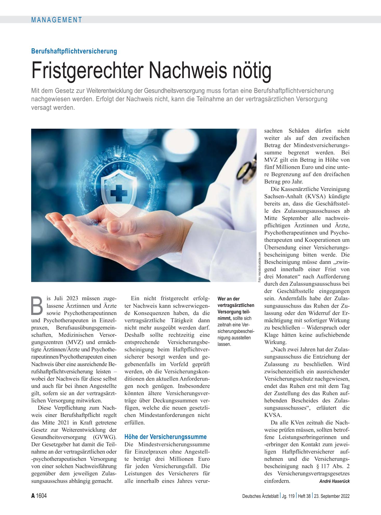 Vorschauseite 1: Berufshaftpflichtversicherung: Fristgerechter Nachweis nötig – Deutsches Ärzteblatt